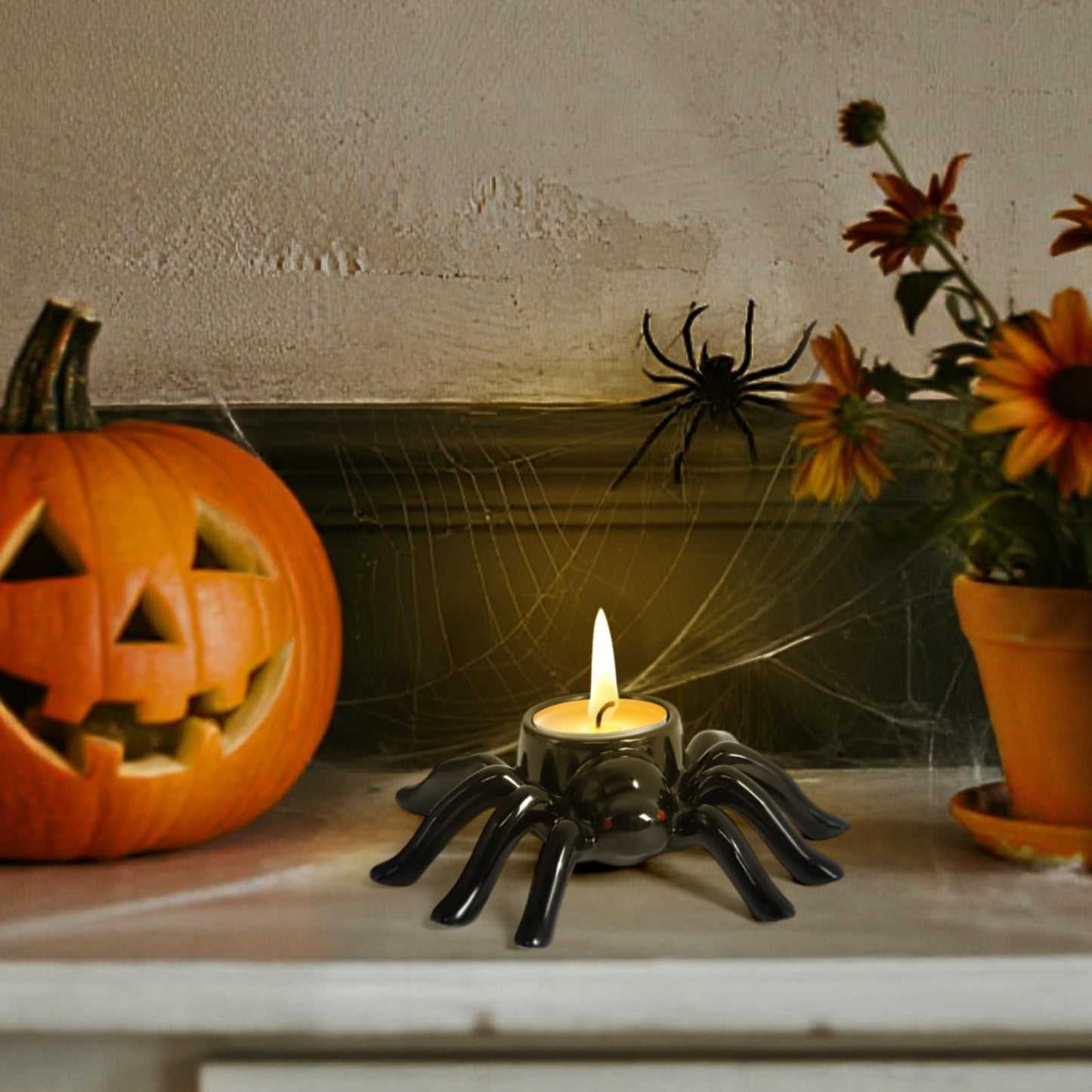 Halloween Candle Holder Black Spider Ceramic Candle Holder Halloween Decorations for Home Office Table Centerpiece, Scary Spider Tealight Candlestick for Party Decoration