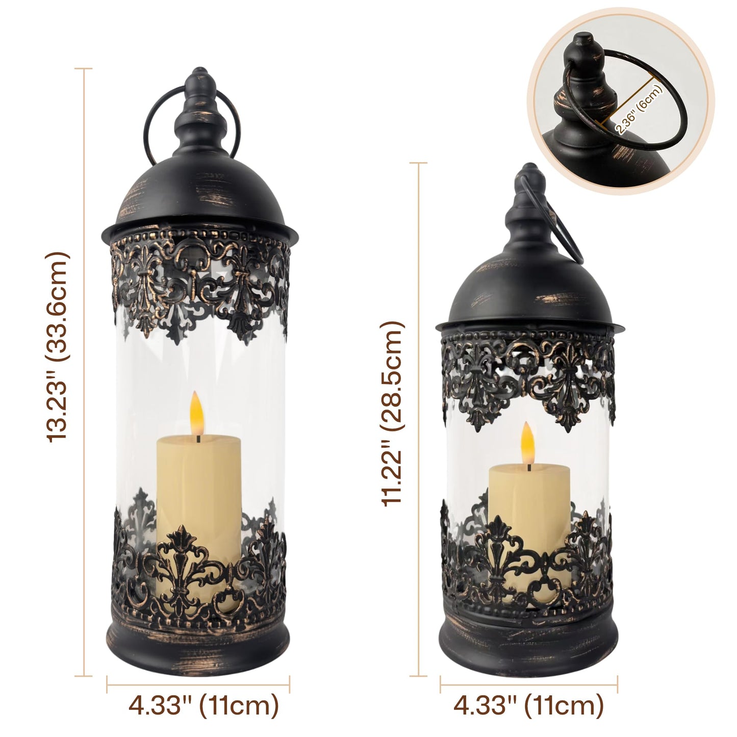 HiSnug Candlestick Holders with Flameless Candles - Gothic Vintage Hurricane Candle Holder, Portable Wind Lamp Barn Lantern Suspended Candleholders for Table Shelf Balcony Eaves, 2PCS, S+L, Black