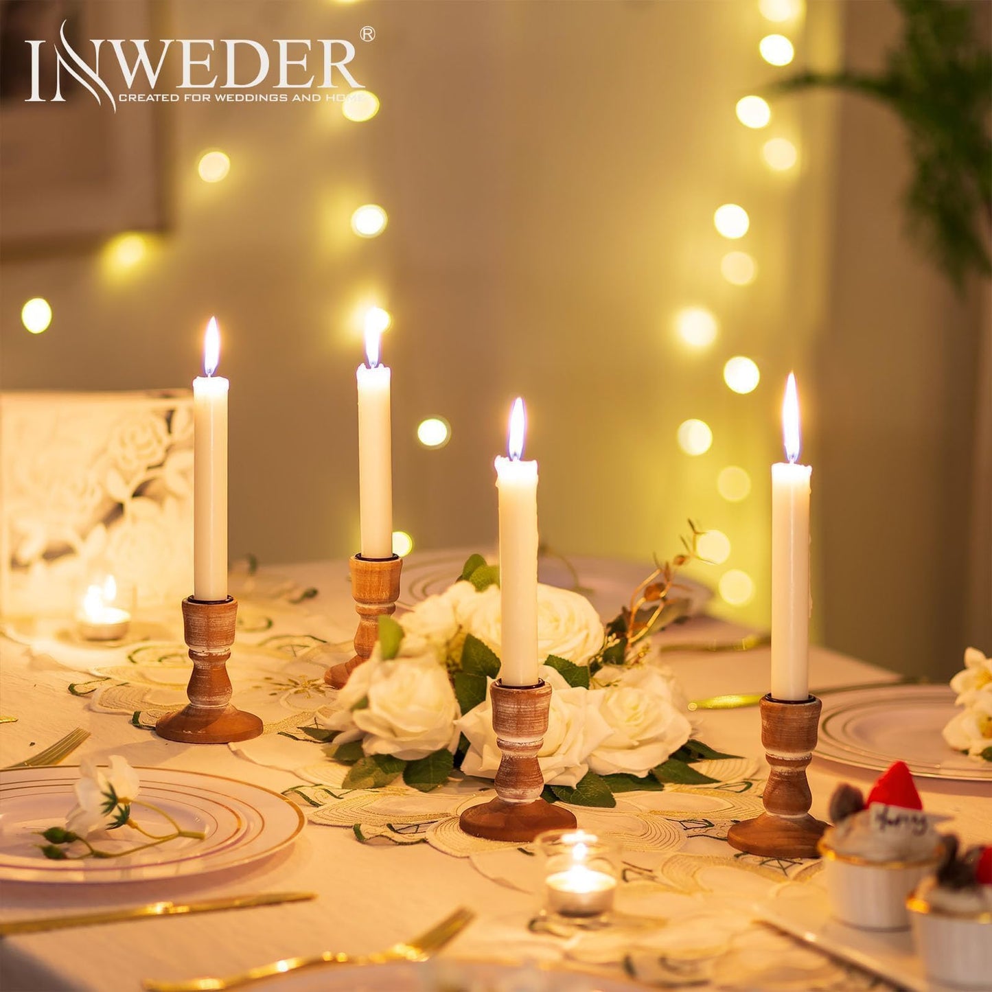 Inweder Wooden Taper Candle Holders: Wood Candlestick Holders Rustic Farmhouse Fall Decor for Living Room Dinning Table Centerpiece Christmas Set of 10
