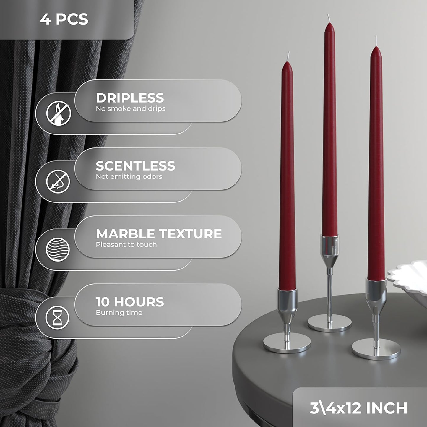 CANDWAX 12 inch Burgundy Taper Candle Pack of 4 - Unscented Smokeless Dripless Candlesticks - Candle Sticks for Party Décor, Christmas Home Decor, Dinner Table Centerpieces - Christmas Taper Candles
