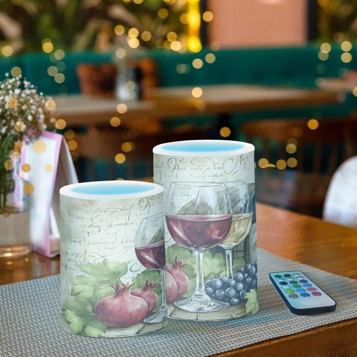 ALAZA Flickering Flameless Candles Red Wine Glasses with Grape B Battery Operated Candles with Remote Timer LED Pillar Votive Candles Set of 2 for Holiday Decor