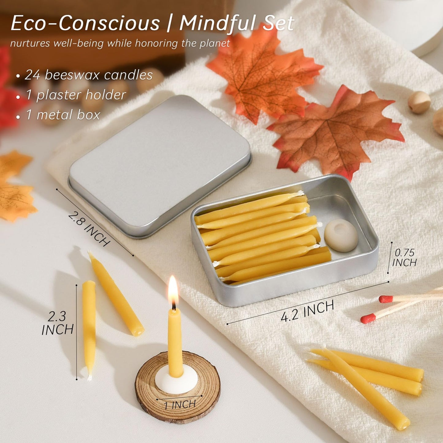 20 Minute 100% Pure Beeswax Candles, Mini Mindful Meditation Taper Candles, Smokeless & Dripless with Holder for Yoga, Prayer, Relaxation (Yellow,24 Pack)