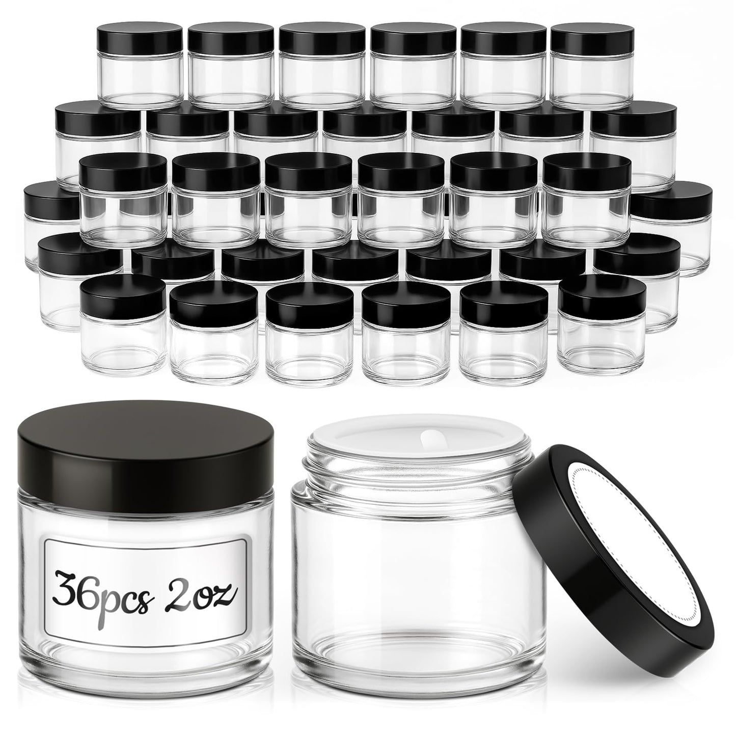 2 oz Glass Jars with Lids, 36 Pack Clear Small Glass Jars with Black Lids Leakproof Round Airtight Empty Cosmetic Travel Containers with Inner Liners For Lotions Powders and Candle Making