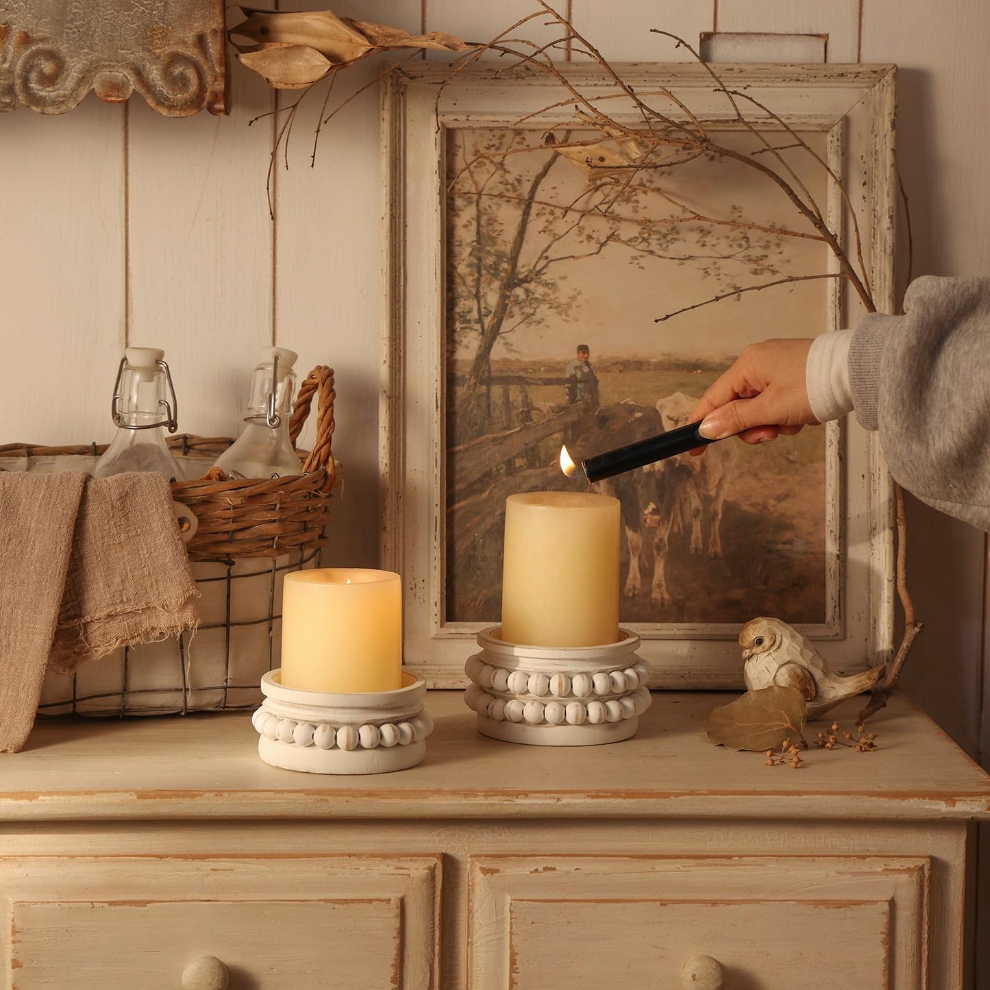 NIKKY HOME Farmhouse Beaded Wooden Candle Holders Set of 2, Rusitc Solid Wood Pillar Candlesticks Pedestal, Fireplace Mantle Table Centerpiece Decor, Distressed White