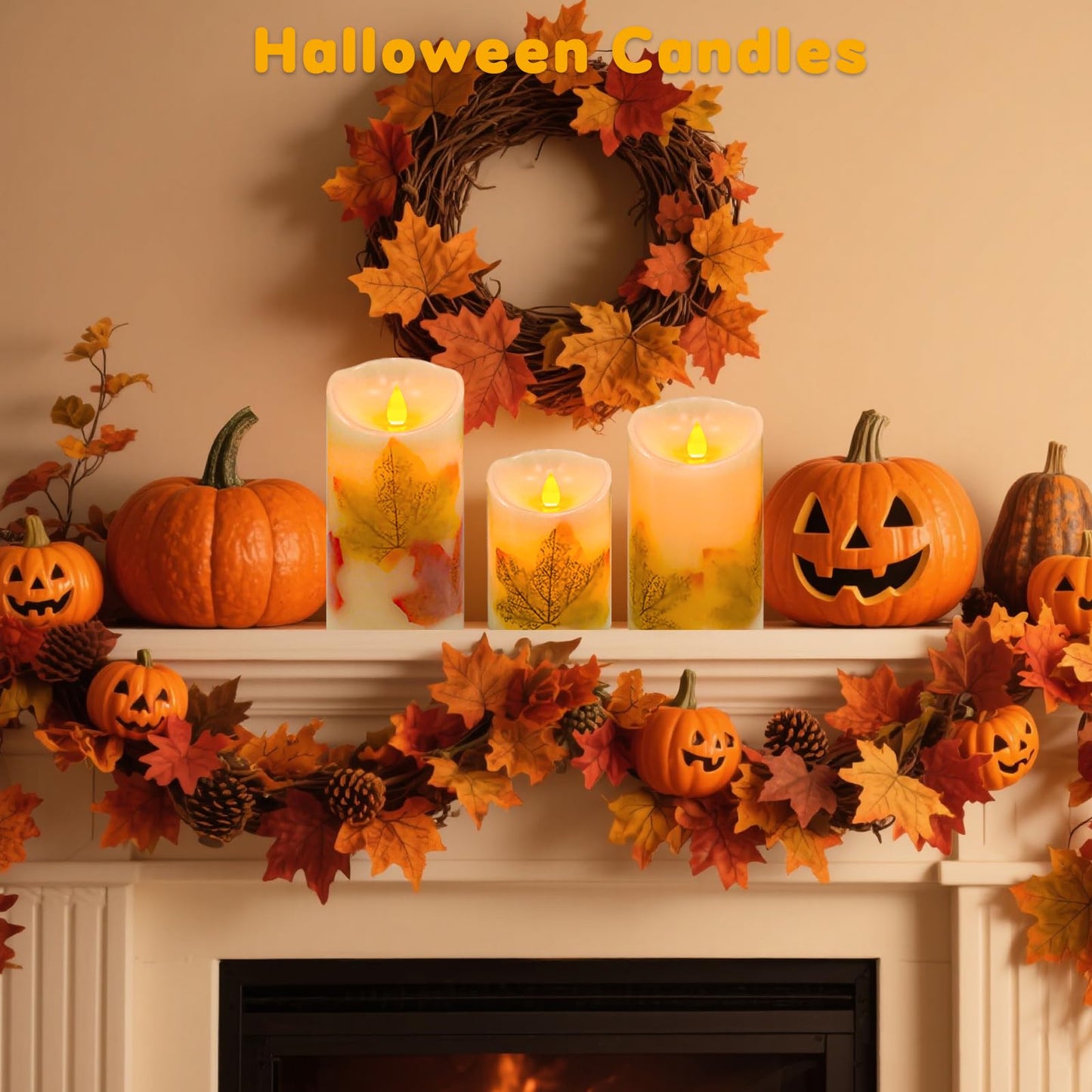 Flameless Candles Lights,Set of 3 Maple Leaf Flickering LED Candles with Remote & Timer, Dimmable LED Pillar Candles Battery Operated, Electric Candles for Thanksgiving Halloween Fall Harvest Decor
