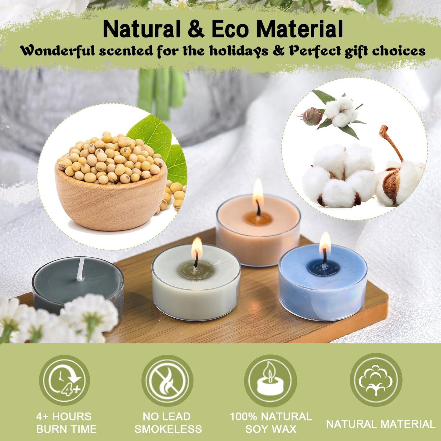 Sungmor Scented Tealight Candles 16 Pack - 100% Soy Wax, Smoke-Free, 4 Scents, 3-4hr Burn, for Bathroom/Party/Yoga/Wedding Decor and Daily General Use