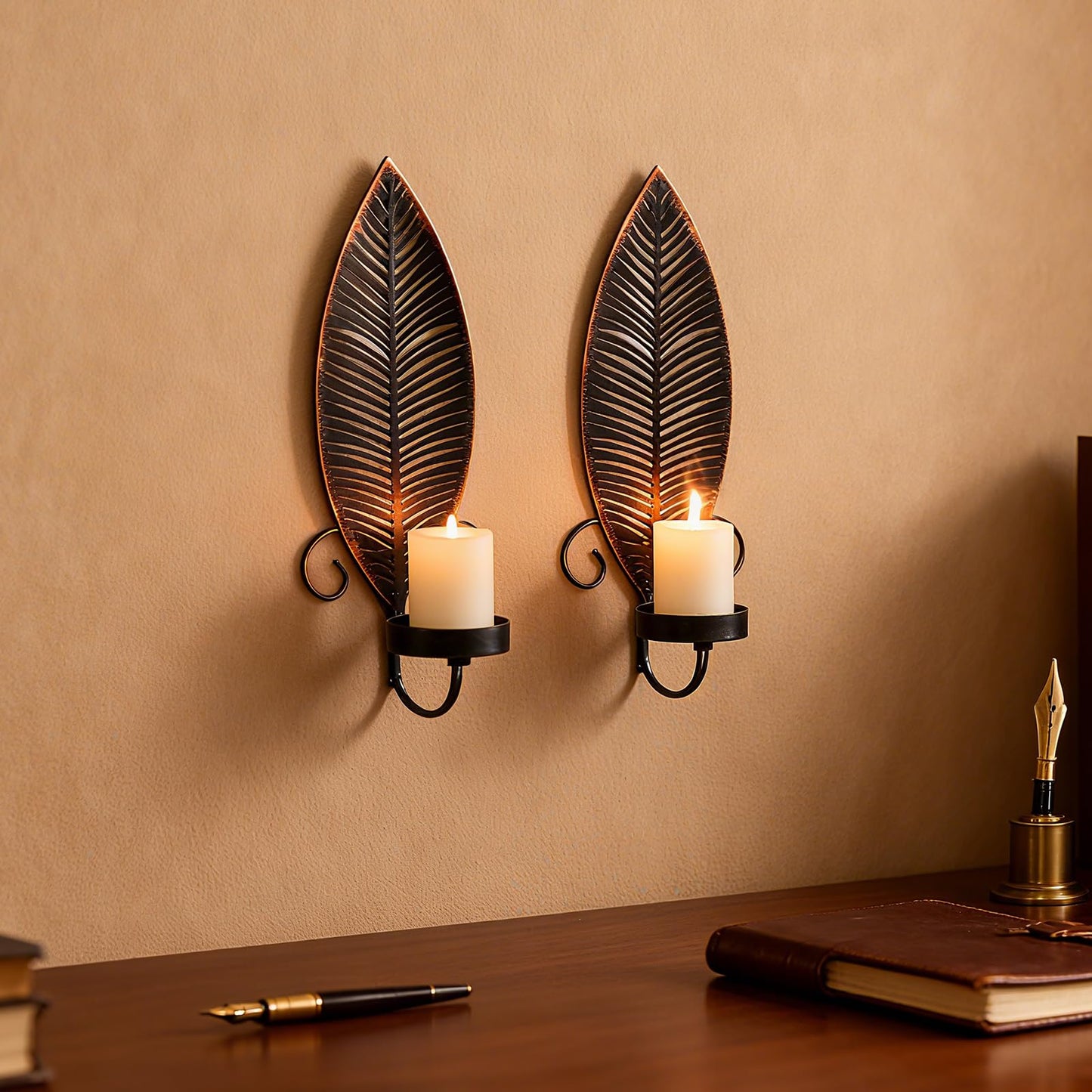 Leaf Wall Candle Sconces Vintage Metal Candle Holder, Set of 2 Wall Candlestick Mounted for Hallway Fireplace Bedroom Living Room (Black)