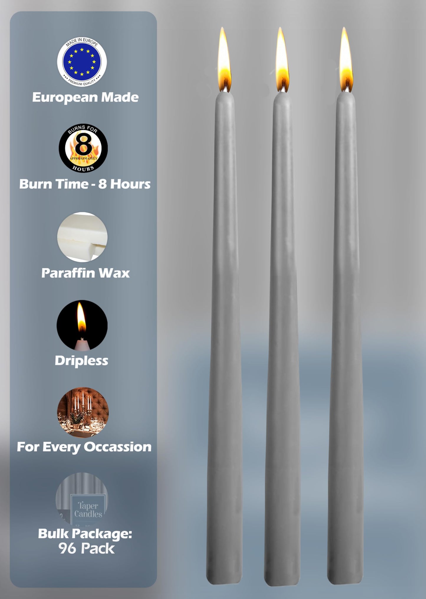 Hyoola Tall Taper Candles Bulk - 10 Inch Dark Grey Unscented Dripless Taper Candles - 8 Hour Burn Time - 96 Pack