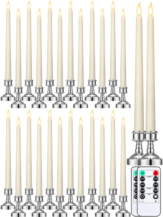 VIHOSE 24 Pcs Flameless Taper Candles with Holders Remote Timer Battery Operated Candles Bulk LED Candlesticks Flickering for Valentines Wedding Home Window Carnival Party Decor(Silver,Classic Style)