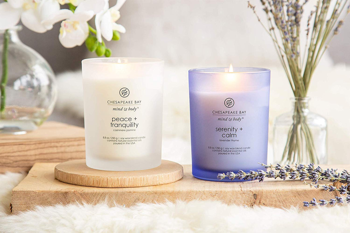 Chesapeake Bay Candle Scented Candles, Serenity + Calm (Lavender Thyme) & Peace + Tranquility (Cashmere Jasmine), Medium (2-Pack)