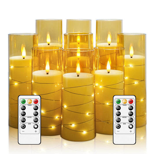 kakoya Flameless LED Candles with Timer 9 Pc Flickering Flameless Candles for Romantic Ambiance and Home Decoration Stable Acrylic Shell,with Embedded Star String，Battery Operated Candles（Gold）