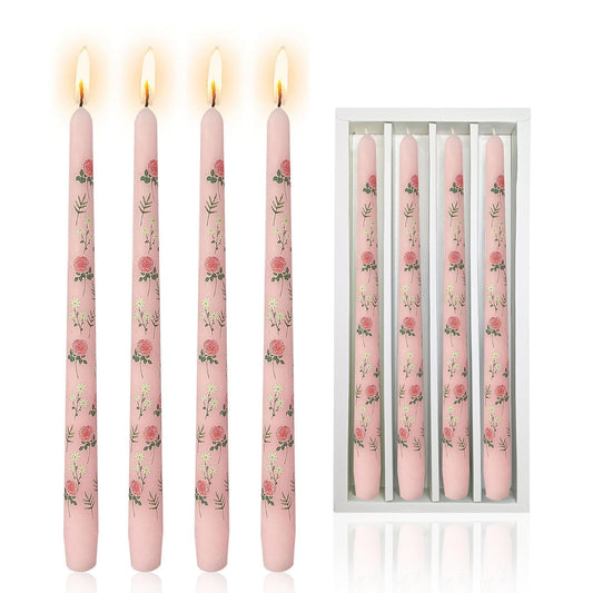 NJAO HOO Flower Candlesticks 10 in Straight Taper Candles Hand Printing Colored Pink Candlesticks Floral Tall Tapered Candle for Spring Home Garden Decor Simple Modern, 4Pcs