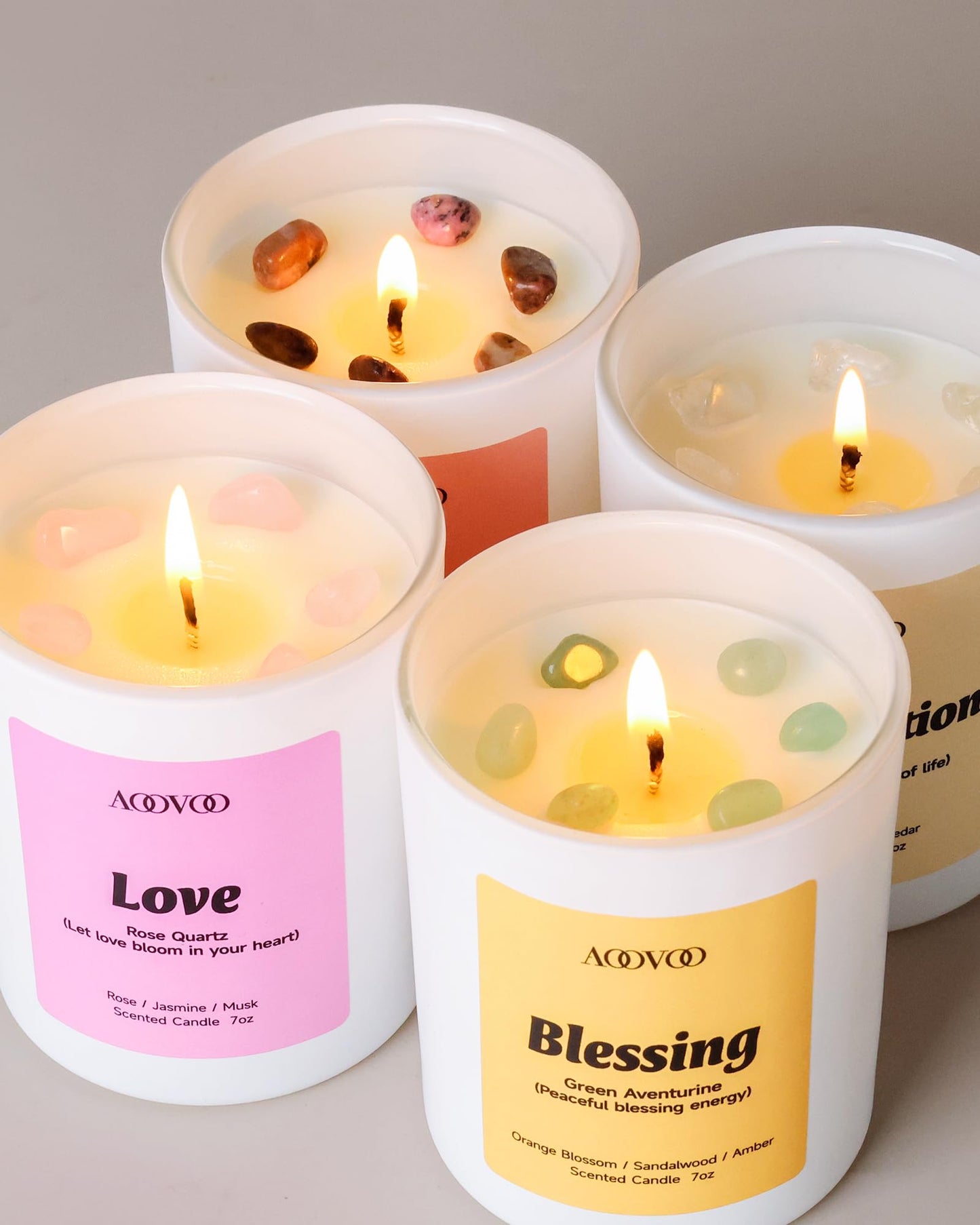 AOOVOO Fathers Day Candles Set for Dad - 4 Pack Candles for Home Scented, Aromatherapy Candle with Crystals, Gratitude Rhodonite/Appreciation Clear Quartz/Blessing Aventurine/Love Rose Quartz