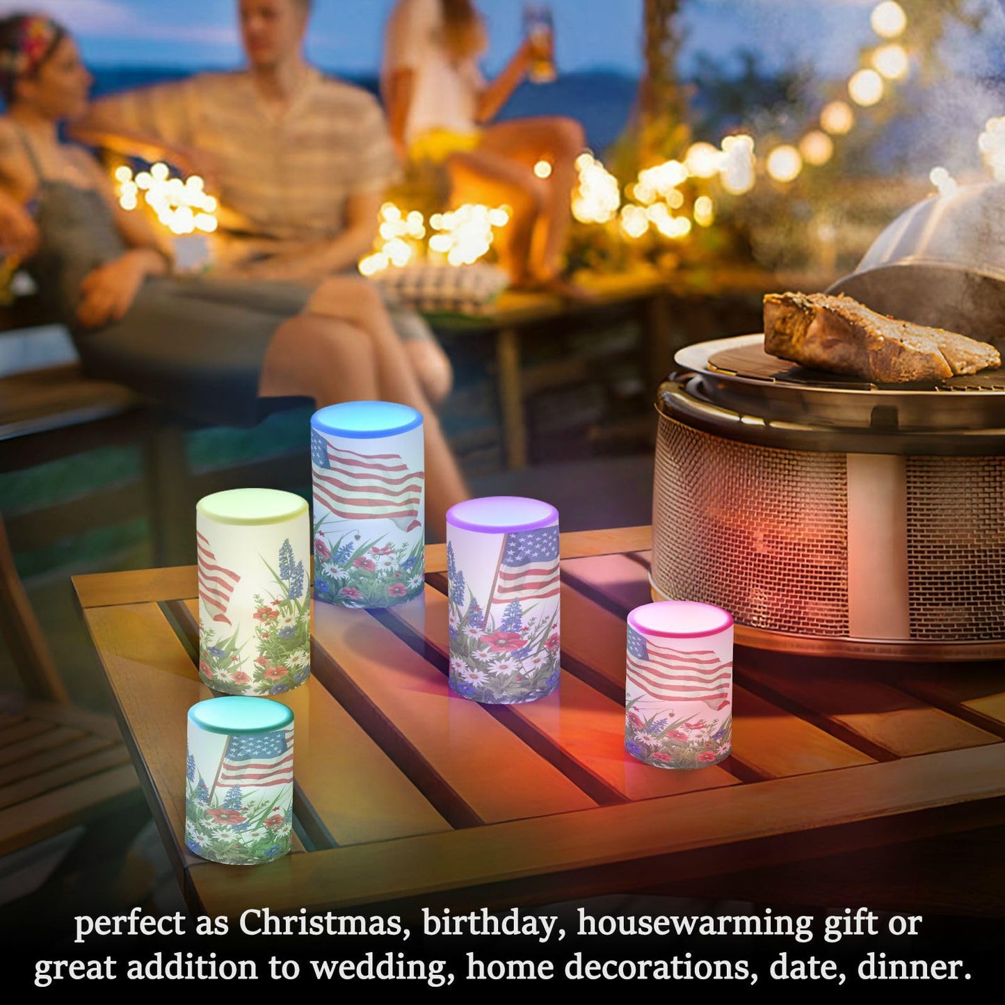 Lights Flameless Candles Wildflowers American Flag Pillar Candles Set of 2 Battery Operated Remote Control Warm Lights Home Decor
