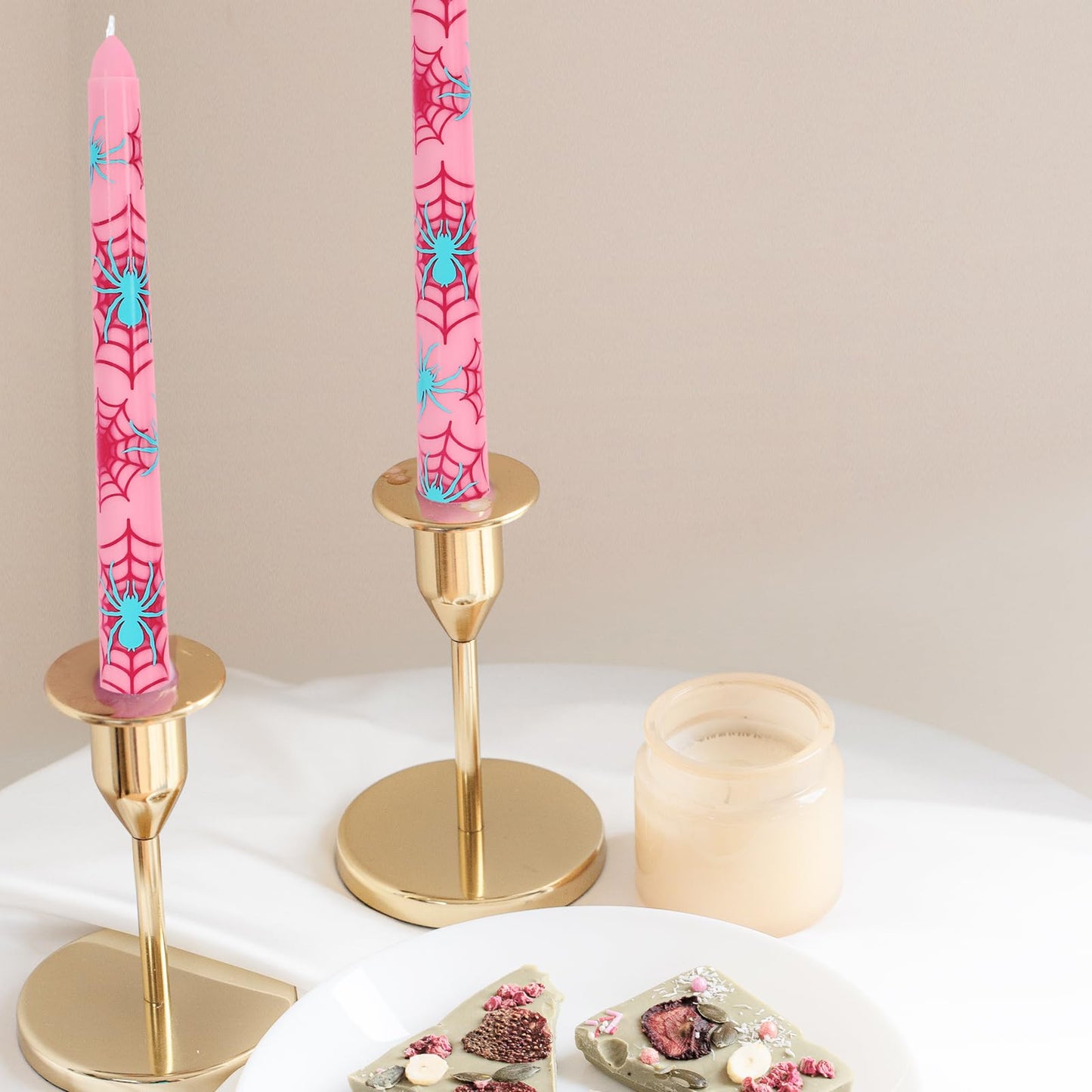 JarThenaAMCS 6Pcs Pink Spider Taper Candles 10 Inch Spider Web Birthday Decorative Candles Long Unscented Candle Sticks for Birthday Halloween Party Decor