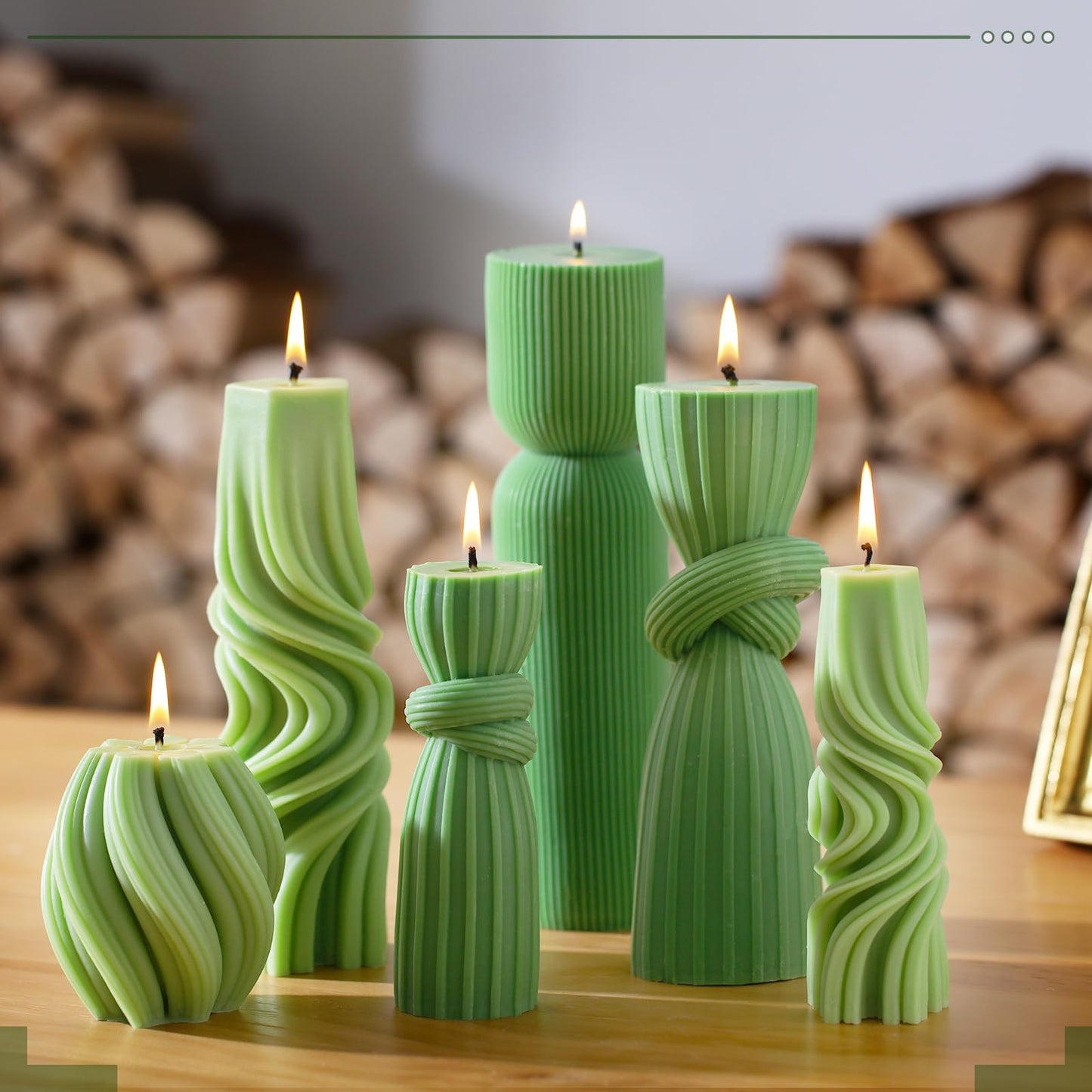 Threlaco 6 Pcs Ribbed Pillar Candles Modern Aesthetic Ribbed Decorative Candle Set Cute Soy Wax Scented Decor for Home(Green)
