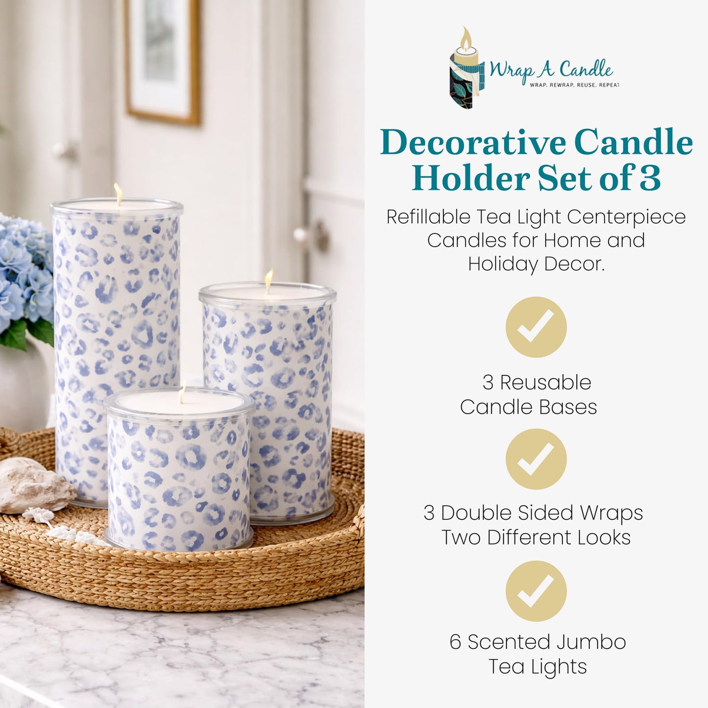 Decorative Candle Holder Set of 3, Table Centerpiece Candle Decor for Home Decor Candles, Reusable Pillar Candle Alternative with Interchangeable Wraps, Tea Light Holder Giftable Holiday Accent