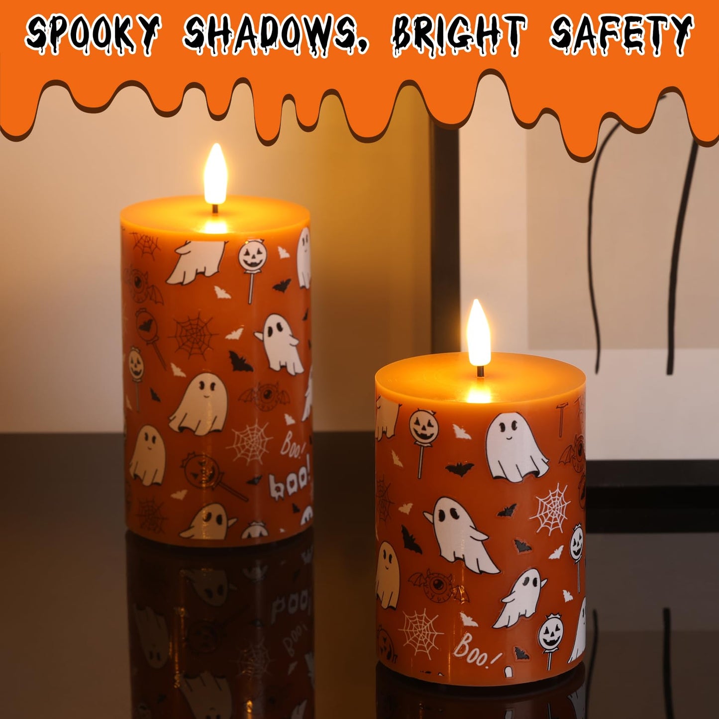 Girimax Burnt Orange Halloween Flameless Pillar Candles with Remote, Ghost LED Wax Candles Battery Operated Set of 3