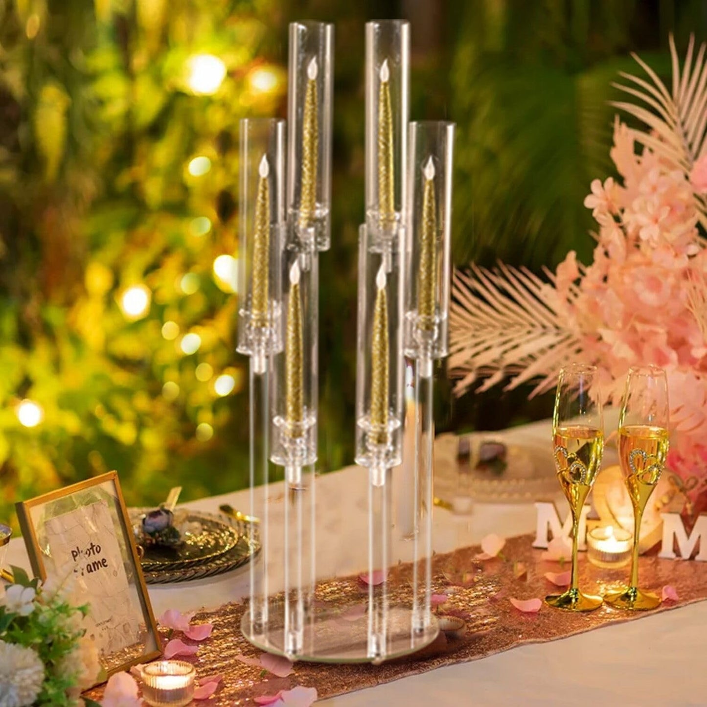 Acrylic Candelabra Centerpiece with 6 Adjustable Arms, Acrylic Candle Holder Round Base, Perfect for LED Candles, Elegant Home Decor,Wedding centerpieces for tab
