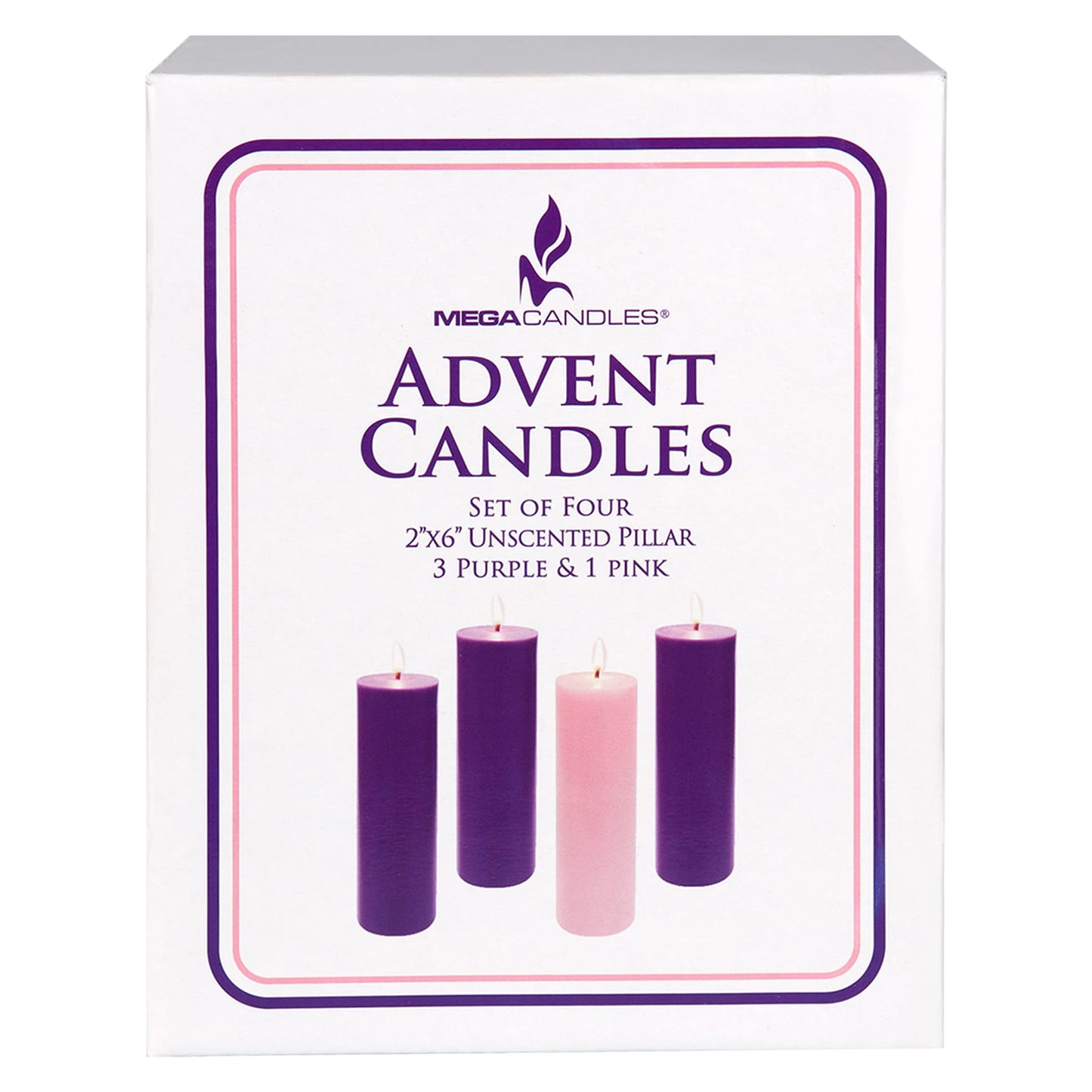 Mega Candles 4 pcs Unscented Christmas Advent Candles Set, Hand Poured Premium Wax Round Pillar Candle 2 Inch x 6 Inch, Holidays, Occasions, Events, Festivitiess, Devotional, Church, Wreath, Gifts