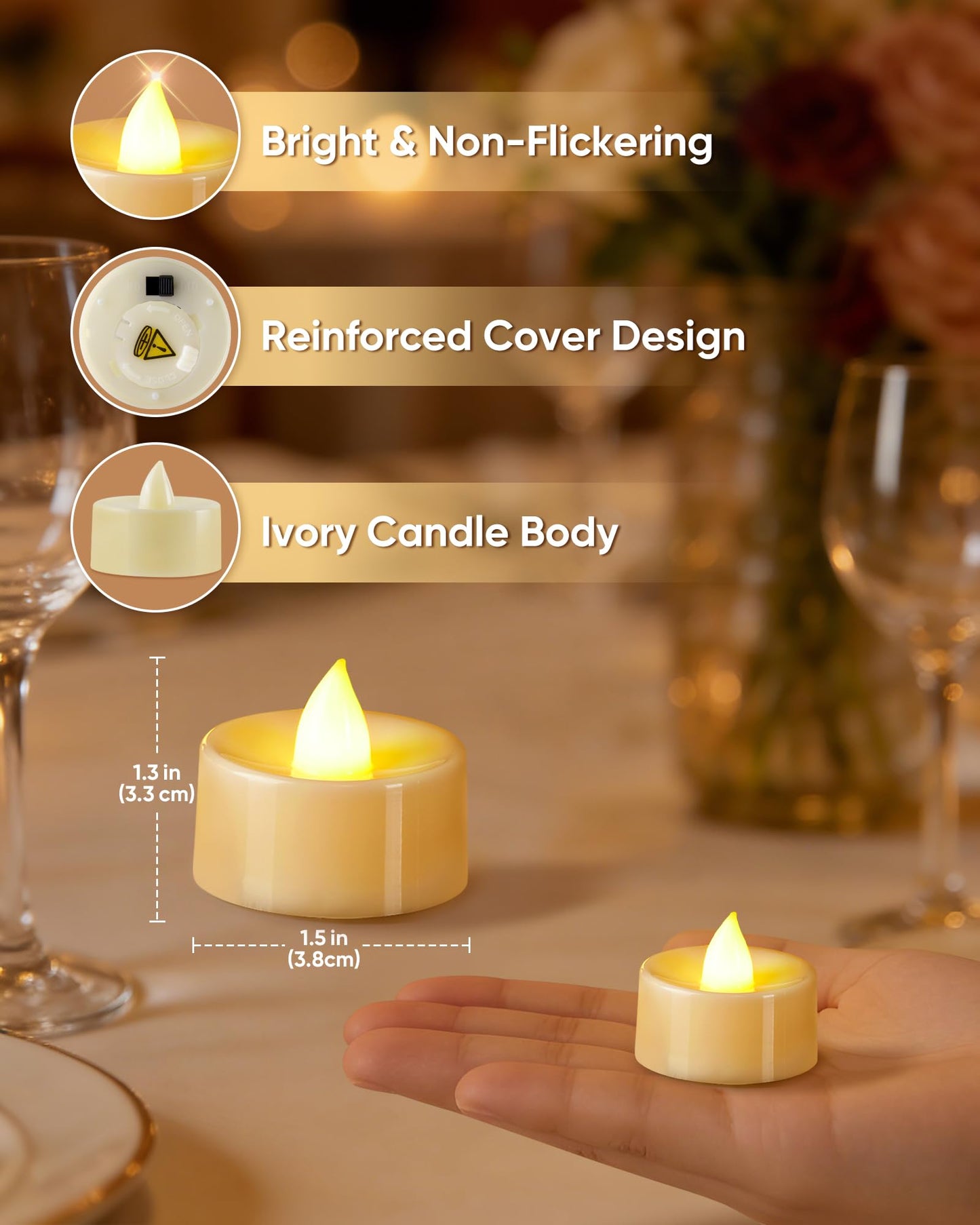 BEICHI Flameless Candles, 50 Pack Tea Lights Battery Operated, No Flickering Votive Candles LED Tea Lights for Halloween Christmas Wedding Home- Warm White, Ivory Base
