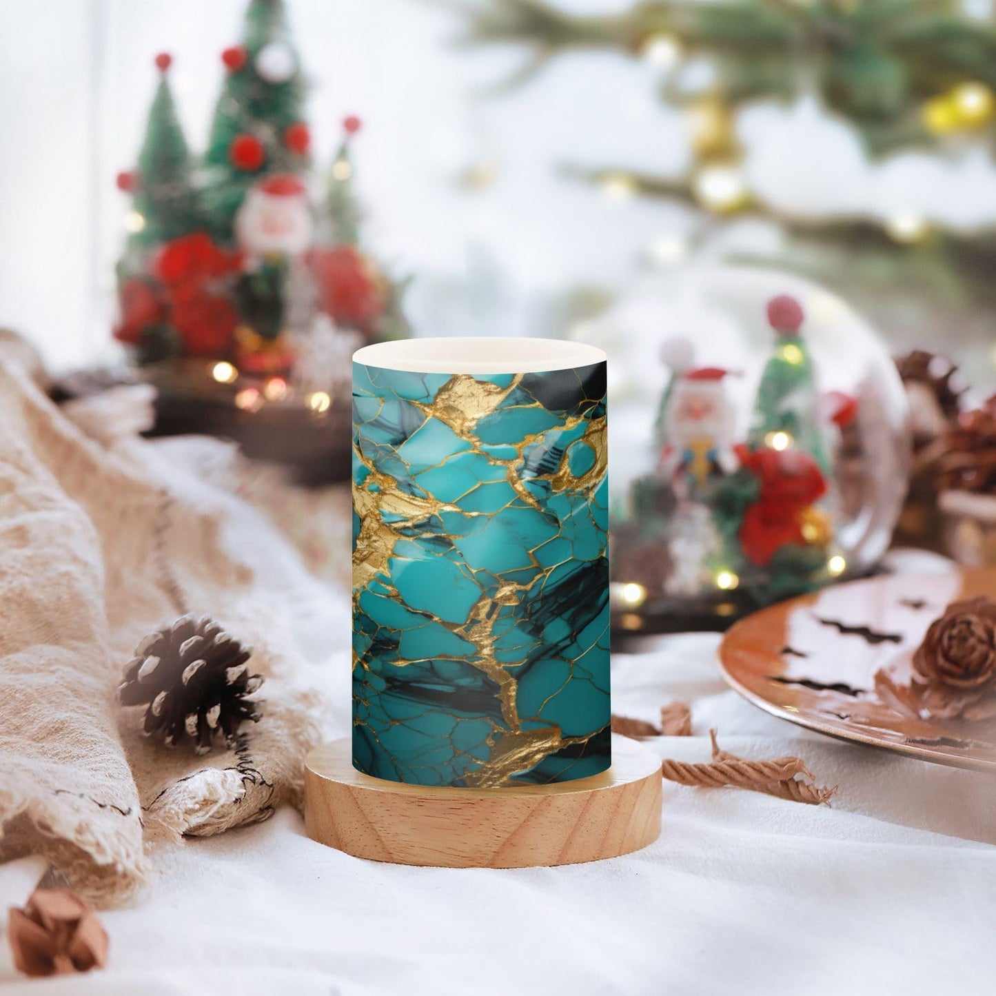 BOENLE Flickering Flameless Candles, Turquoise Golden Marble LED Candles with Remote Timer, Set of 2 Battery Operated Candle for Valentine Wedding Birthday