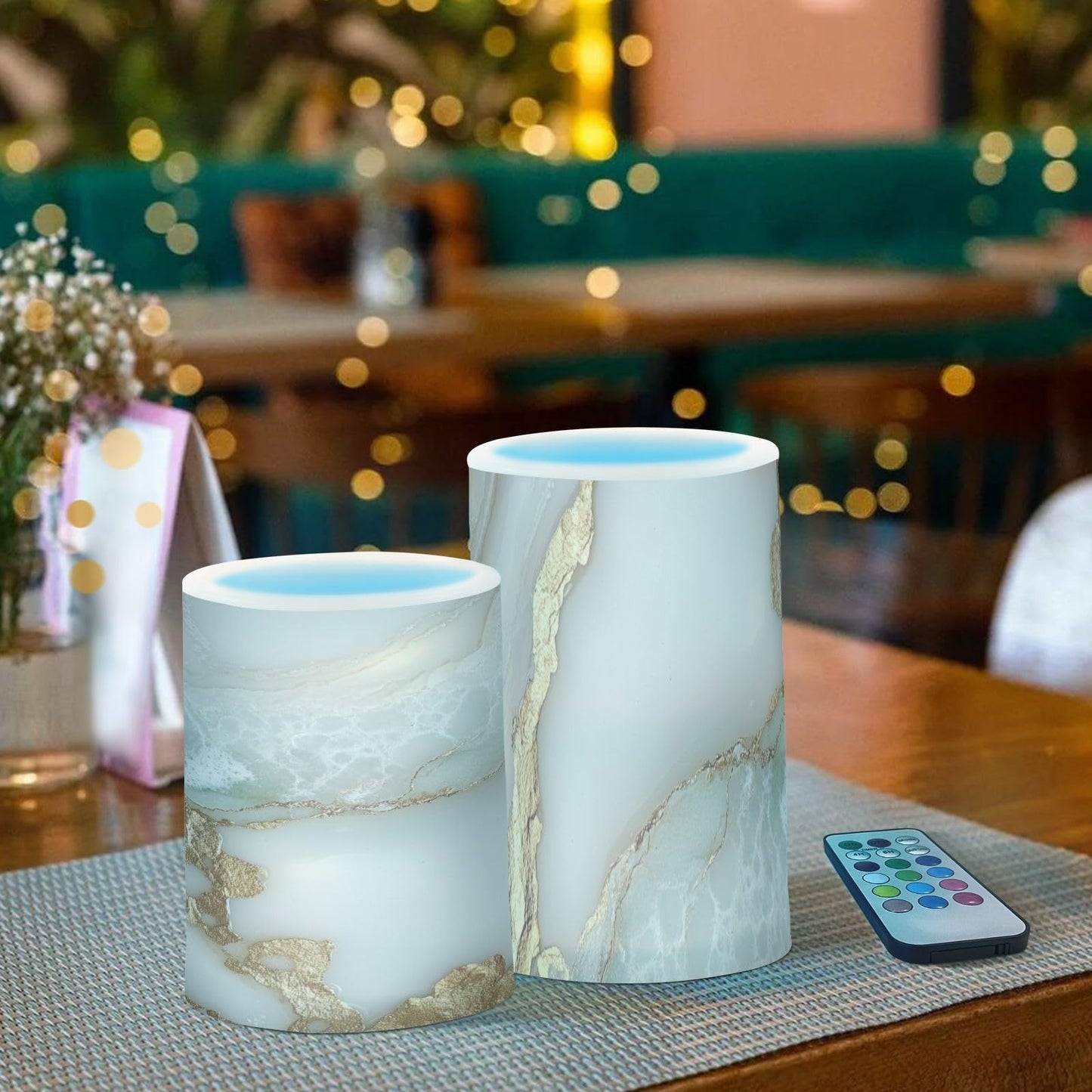 Flameless Candles Battery Operated Led Pillar Candles for Table Marble White White