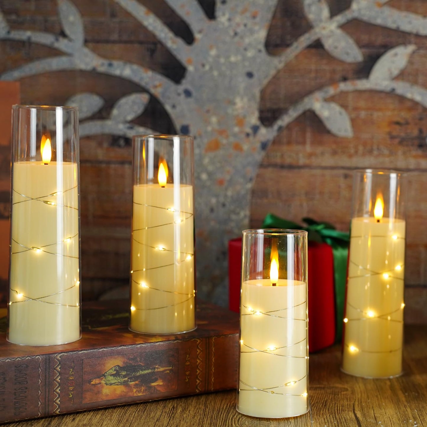 Eebuss Flameless Candles with Embedded Star String, Battery Operated LED Pillar Candles with Timer and Remote Control,Home Decorating for Ambiance， Set of 7(Ivory)