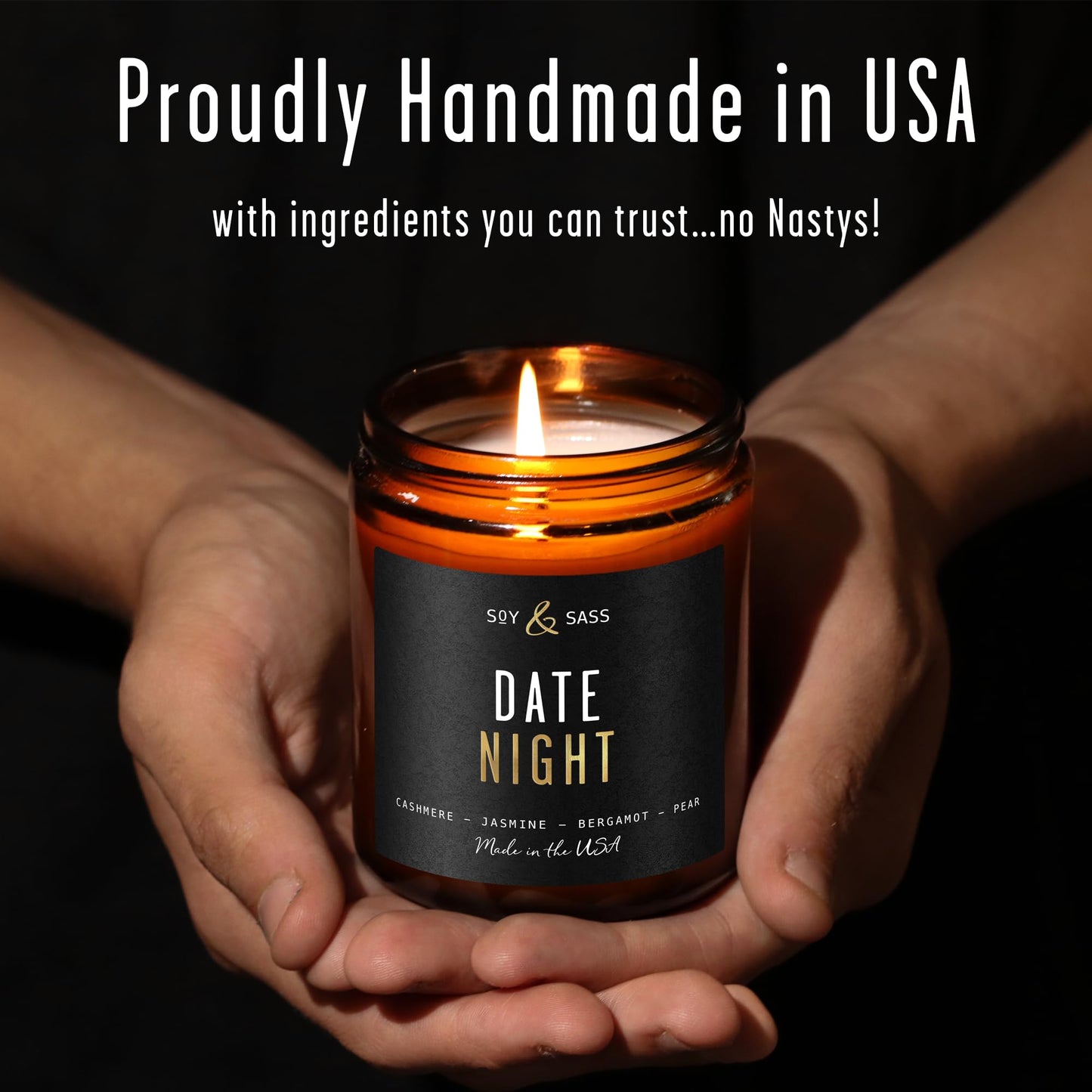 Date Night Candle I Scented Black Candles for Men or Women - French Cashmere & Vanilla Scent Soy Wax - Infused w/Essential Oils | Mens Candle I Long-Lasting 50Hr Burn, 9oz I Non Toxic I Made in USA