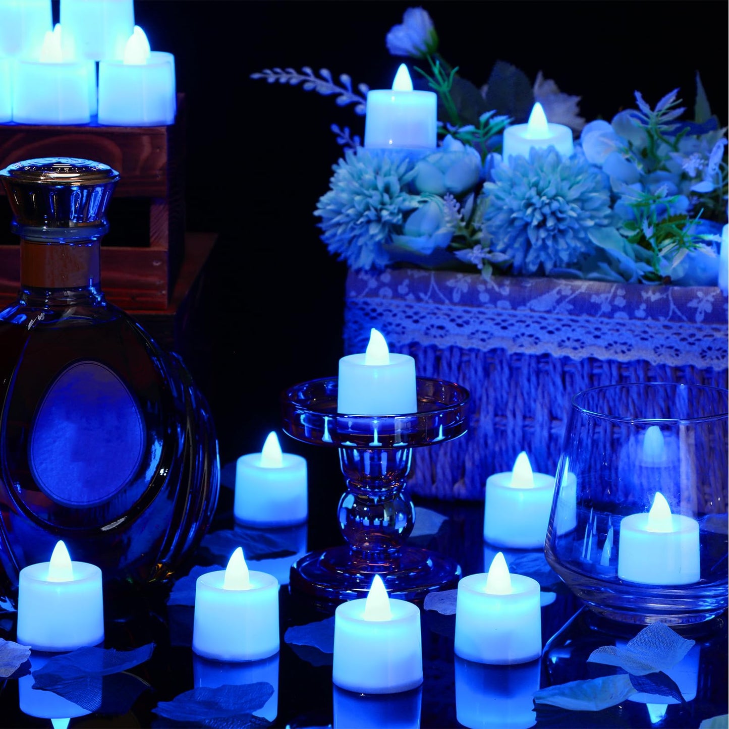 Coume 6000 Pcs Artificial Rose Petals with 72 Pcs Flameless LED Candles Romantic Decorations Fake Candles Happy Anniversary Decorations for Wedding Night (Blue, Blue Series Petal)