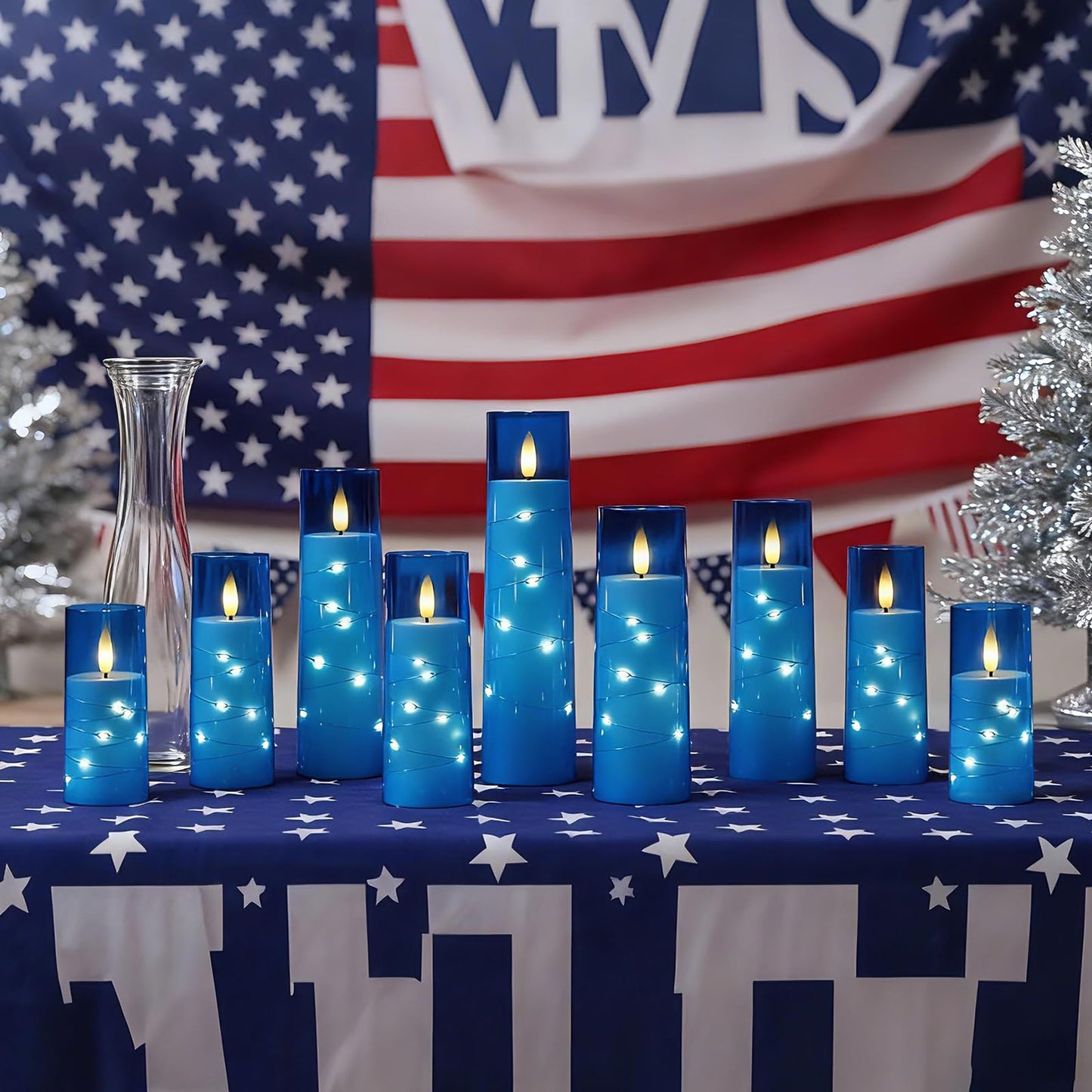 Raycare Independence Day Flameless Candle with Remote Timer – 9 Flickering Acrylic Battery Operated LED Pillar Candles with Embedded Star String for 4th of July Home Patriotic Decor, as a Gift (Blue)