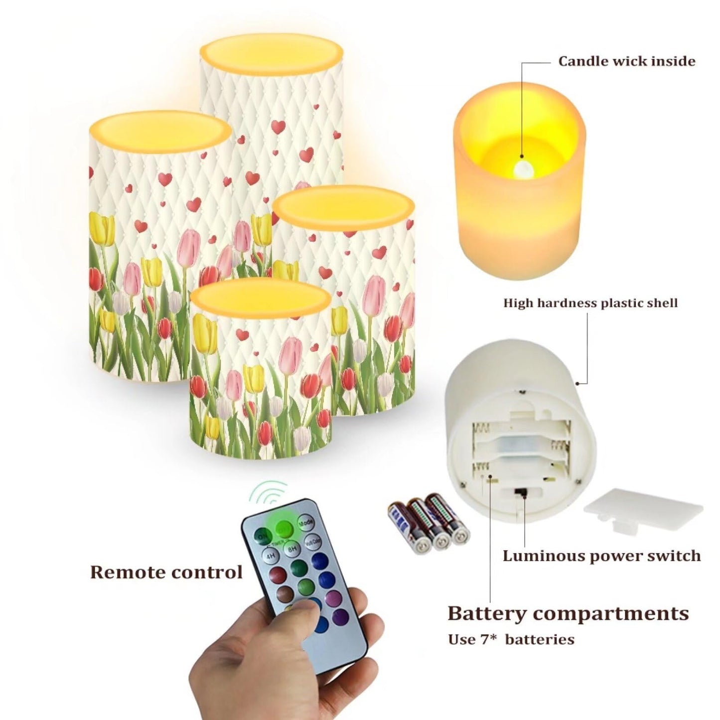 NEITLGEN Happy Easter Day Decor Flameless Candles with Remote, Flickering Battery LED Pillar Candles Set of 4, Easter Tulips Flowers Print