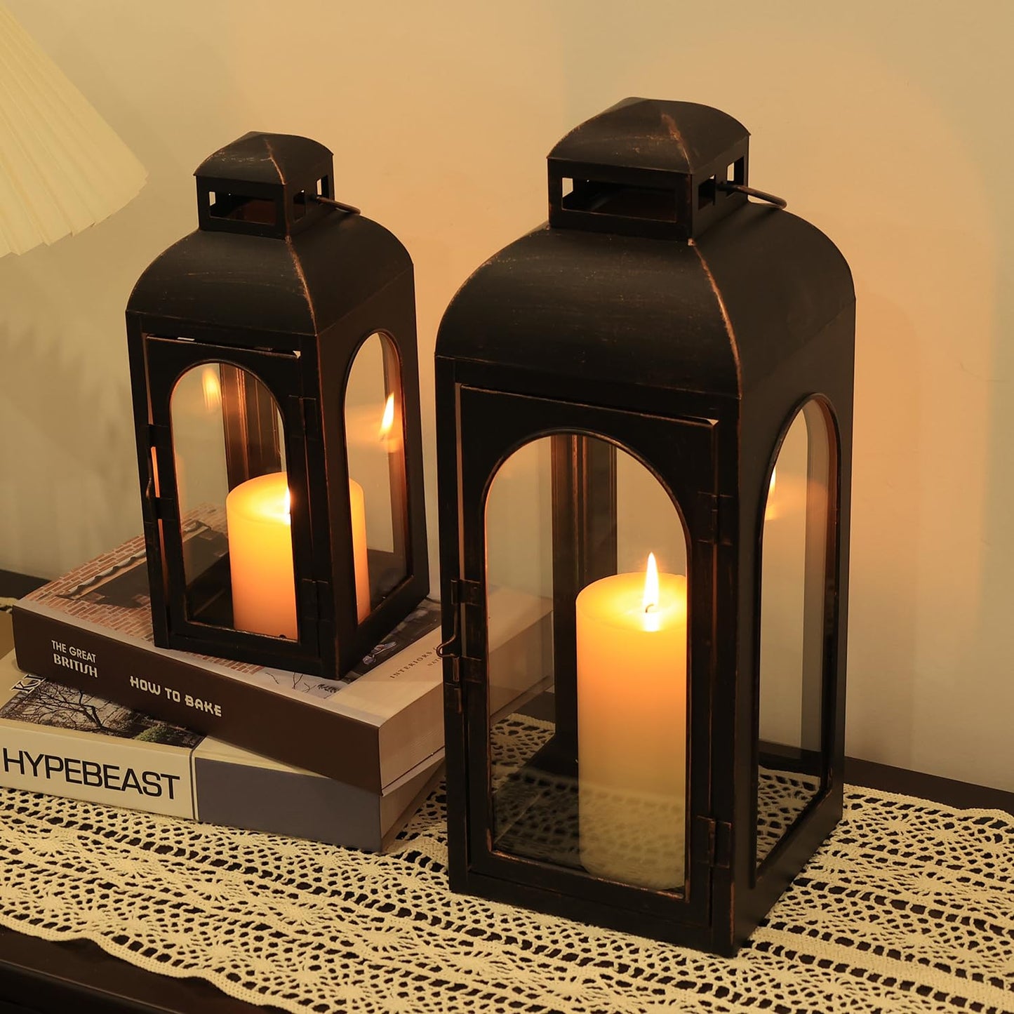 NEEDOMO Lanterns Decorative Indoor,Set of 2 Outdoor Lanterns for Porch, 20" Metal Frame Candle Holders Hanging Lights,with Glass, Spring, Fall, Christmas