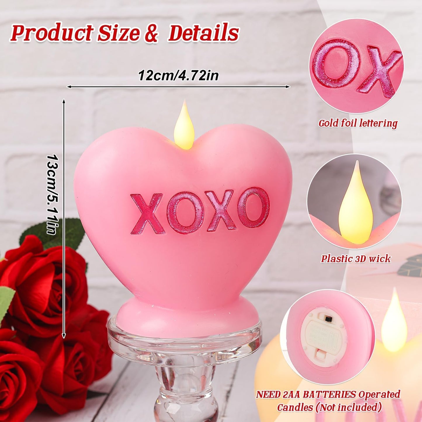 LCZLUMIPRO 3 Pack Valentine's Day Candles Heart Candle Flameless Candles Flickering Battery Operated LED Heart Shaped Candles with Realistic Warm Flame Effect Romantic Decor for Wedding Anniversary
