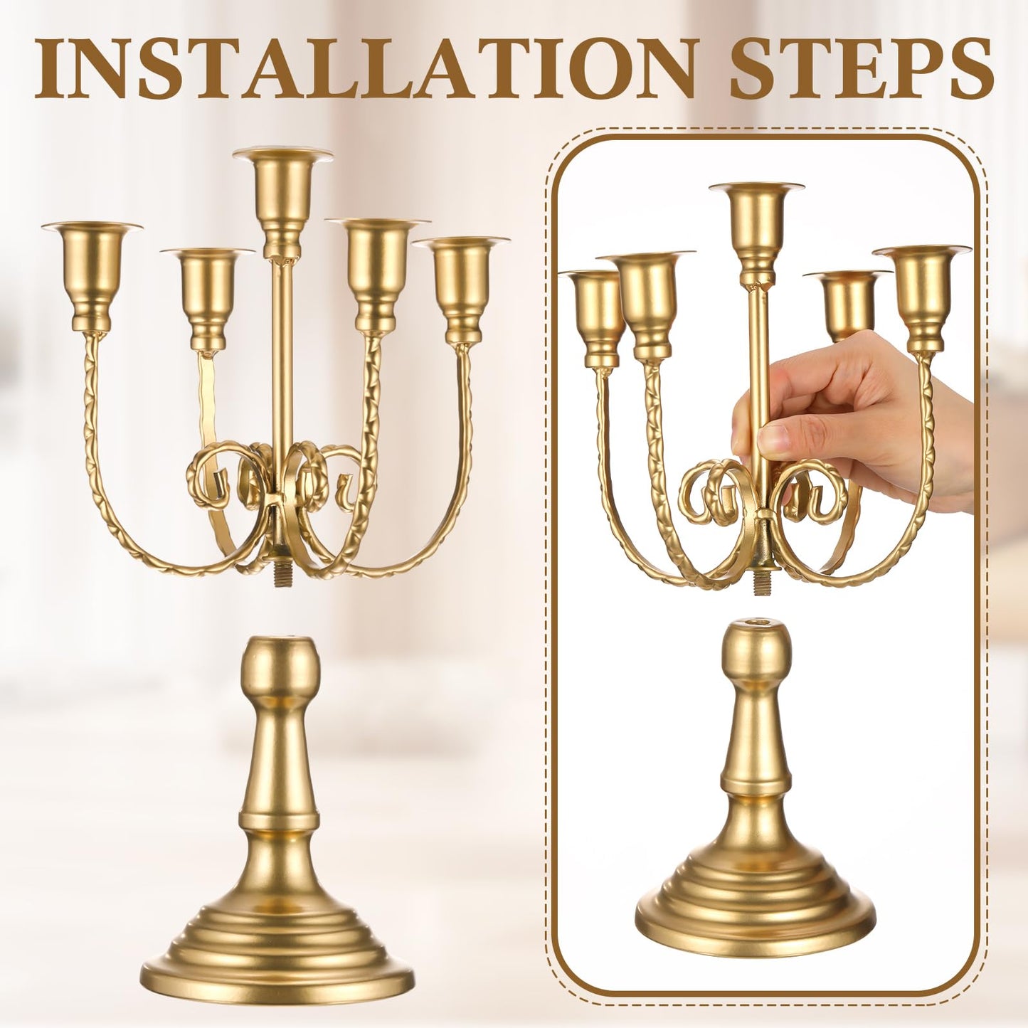 Rtteri 6 Pcs Gold Candelabra Candlestick Holder Metal Candle Stand Candelabra for Taper Candles Table Centerpieces Wedding Christmas Holiday Birthday Party (11.8 x 9.45 x 4.1 Inch,5 Arm)