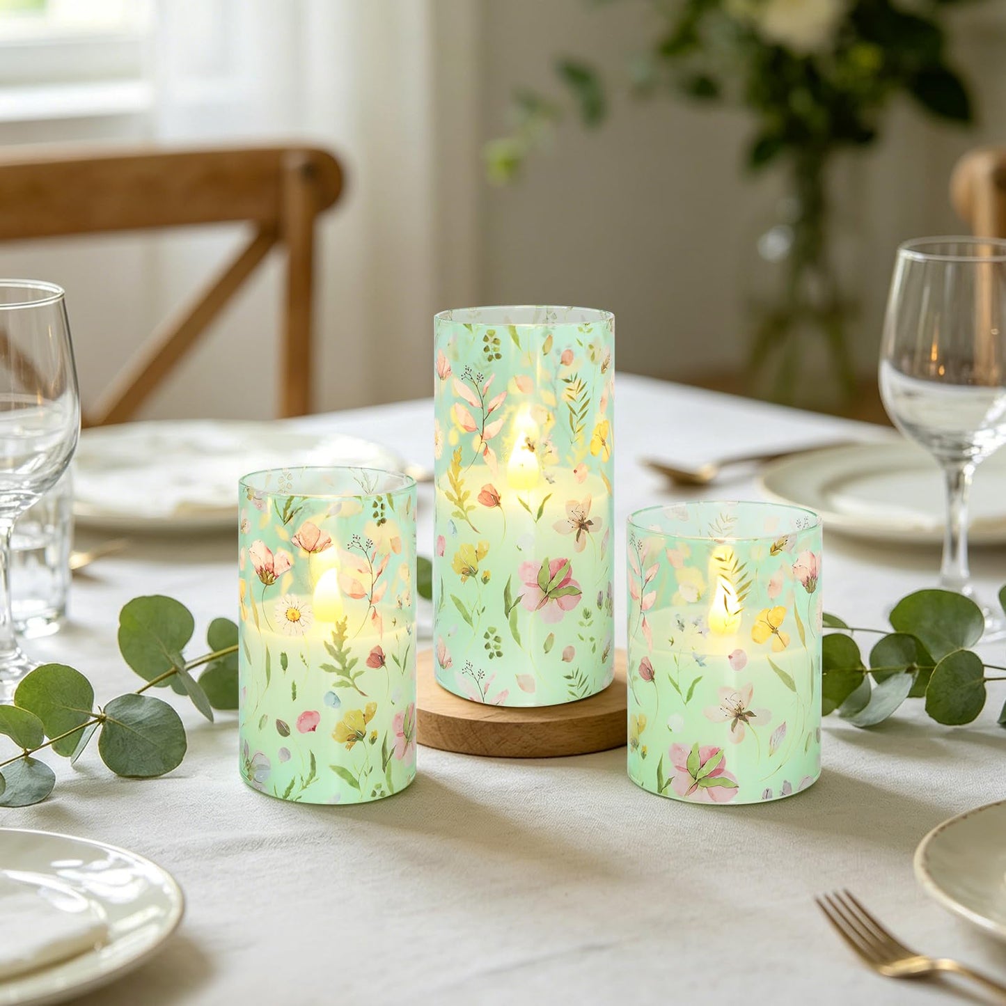 Impress Life Spring Decor Flameless Candles with Remote, 3PC Battery Operated Real Wax LED Candle, Pink Floral Decals with Flickering 3D Wick for Home Centerpiece