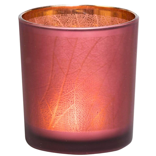 Biedermann & Sons Taro Leaf Glass Candle Holders (Set of 4), Russet Red with Laser Etched Leaves, 4 Inch Diameter x 5 Inch Tall, Warm Ambient Decor for Tables and Shelves
