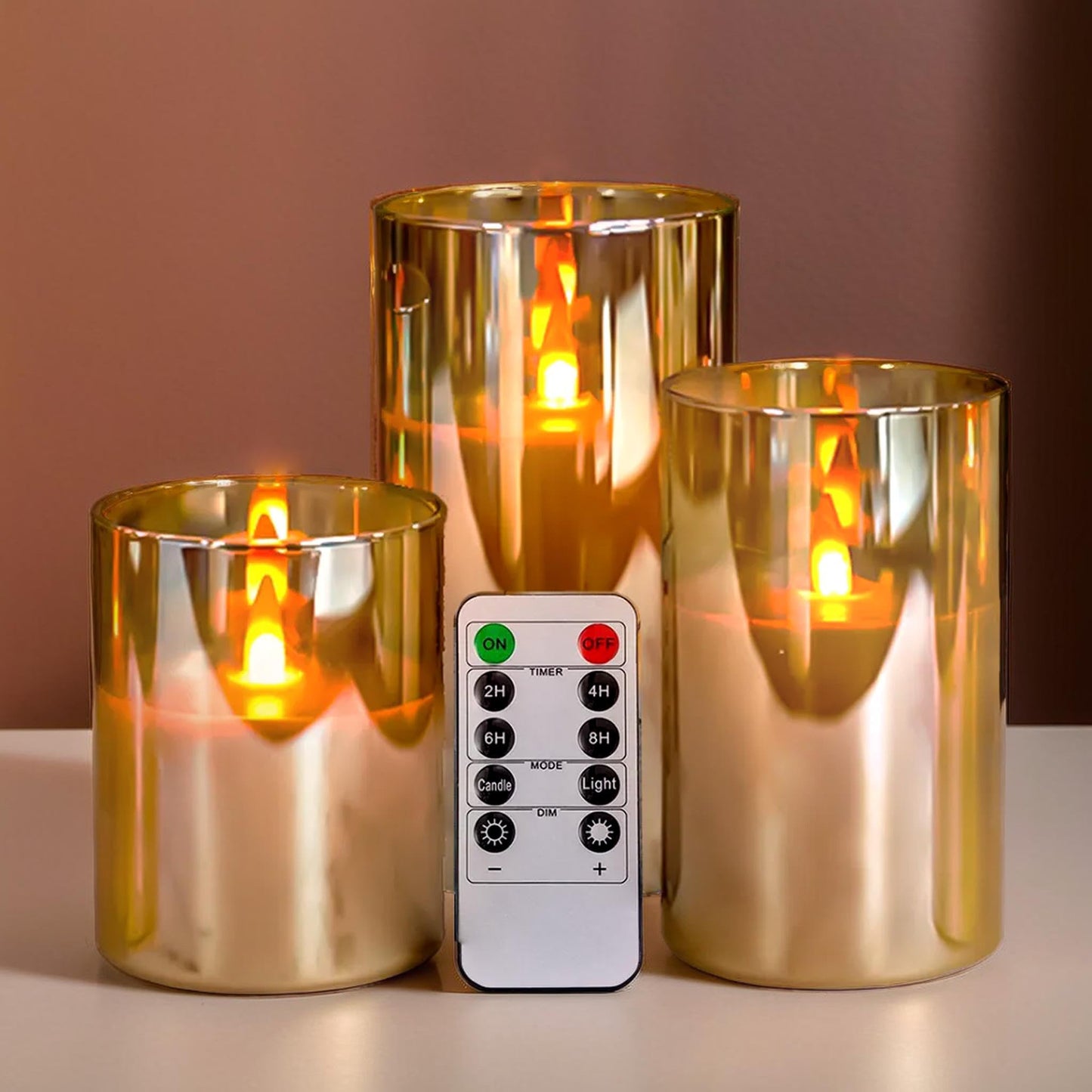 NICEME Radiance Evanescing Flameless Candles with Remote, 3 Pack Glass Battery Operated Candles with Timer, Real Wax Glass LED Candles Flickering Wedding Home Party Christmas D3 x H4 5" 6" Gold