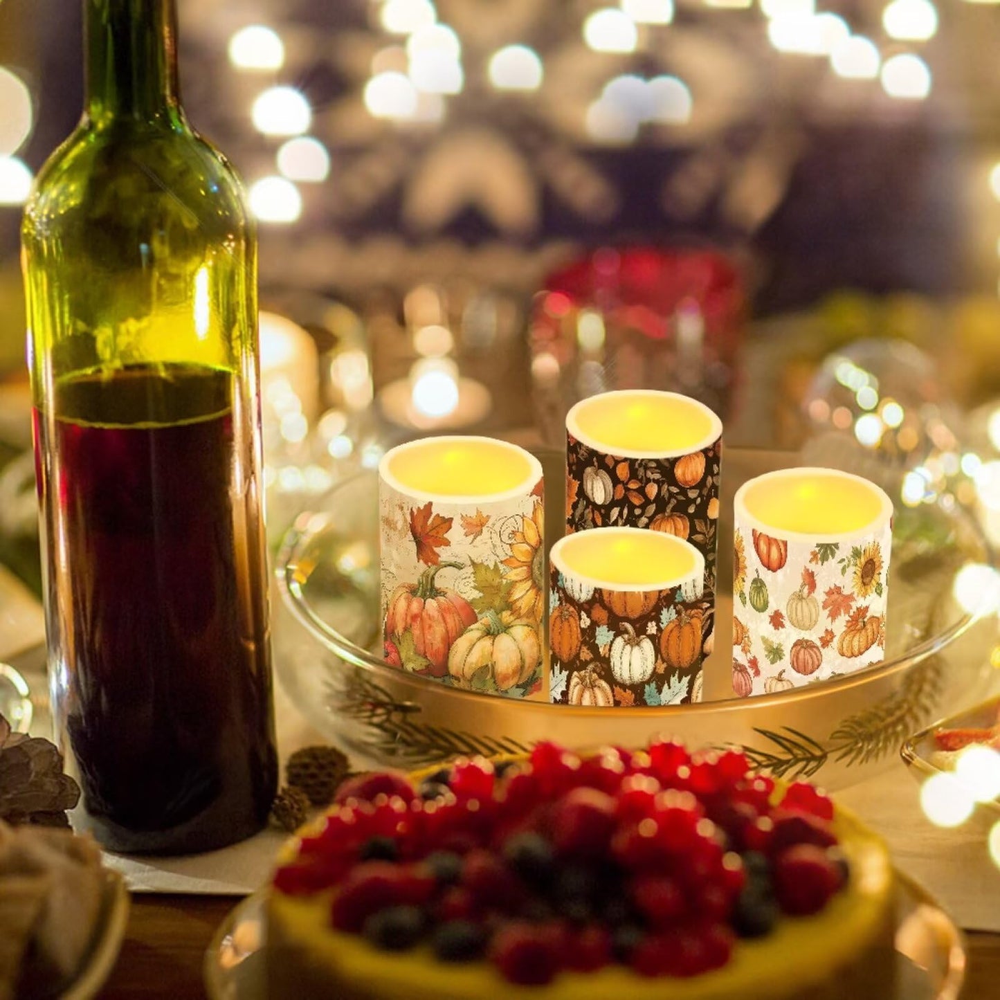 NETILGEN Fall Harvest Pumpkins Print Flameless Electric LED Pillar Candles Lamps with Remote Timer Control Long Lasting for Thanksgiving Day Home Party Set of 4