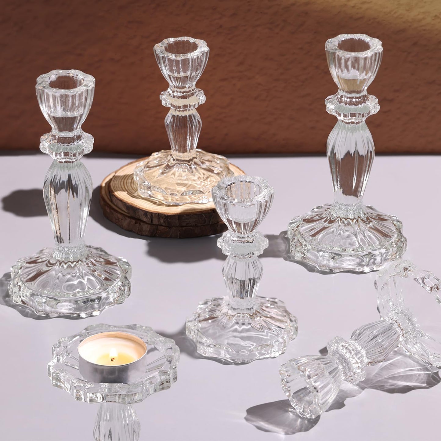 Simeitol Clear Candlestick Holders Set of 6, Taper Candle Holders, 4.3" H & 6.3" H Glass Candle Holder for Candlesticks & Pillar Candles, Crystal Candle Holders for Wedding and Home Decor