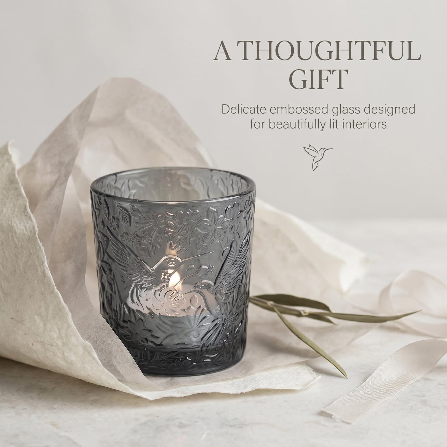 6 Pack Hummingbird Embossed Glass Candle Holders Votive Tealight Holders with Patent Design, Decorative Glass Cups for Wedding Centerpieces, Parties, and Home Decor (Smoky Quartz)
