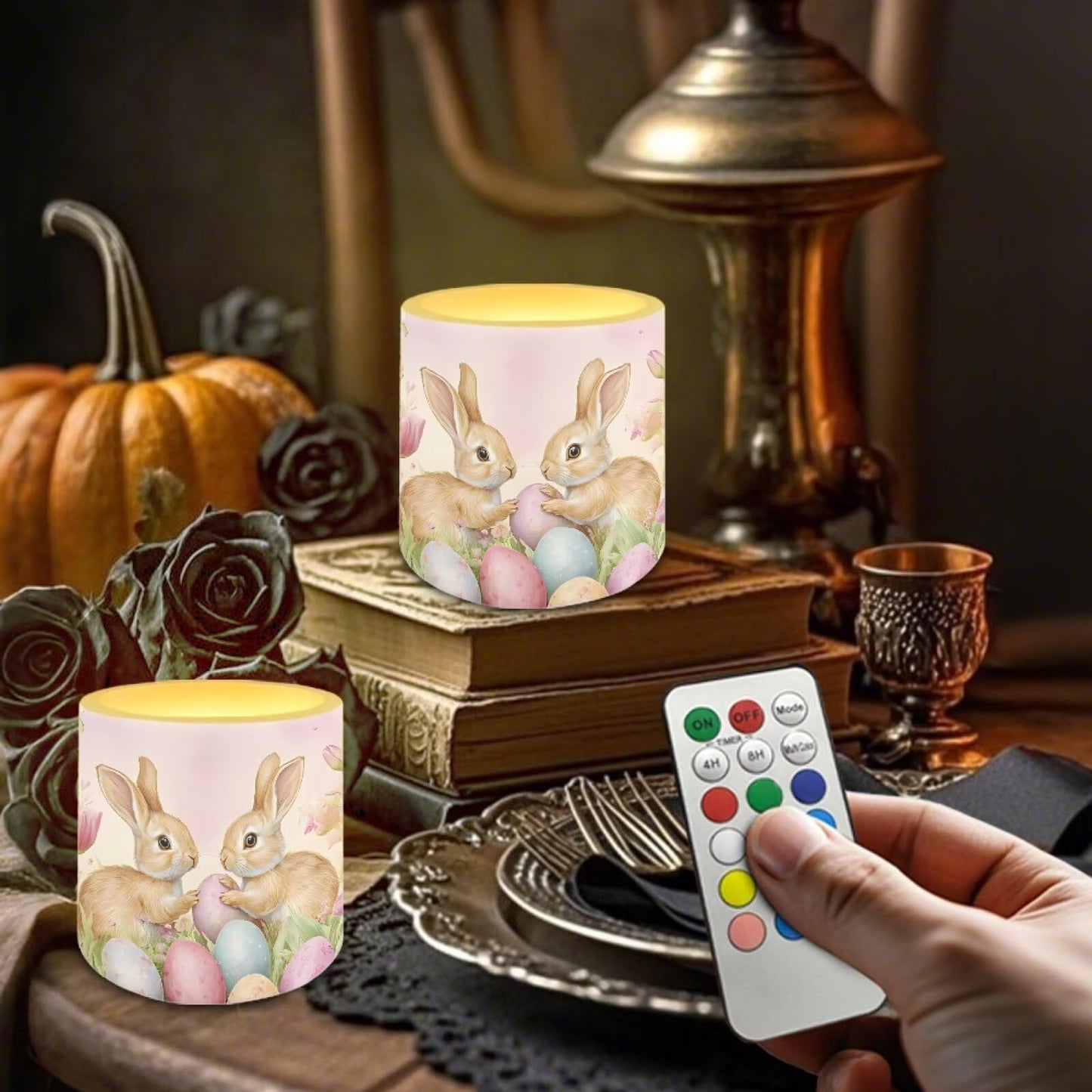 Merkmak Pack of 4 Easter Day Flameless Candles with Remote Battery Operated Candles with Timer Flickering LED Elictric Pillar Tealights for Party Decorations, Easter Egg Bunny Tulip