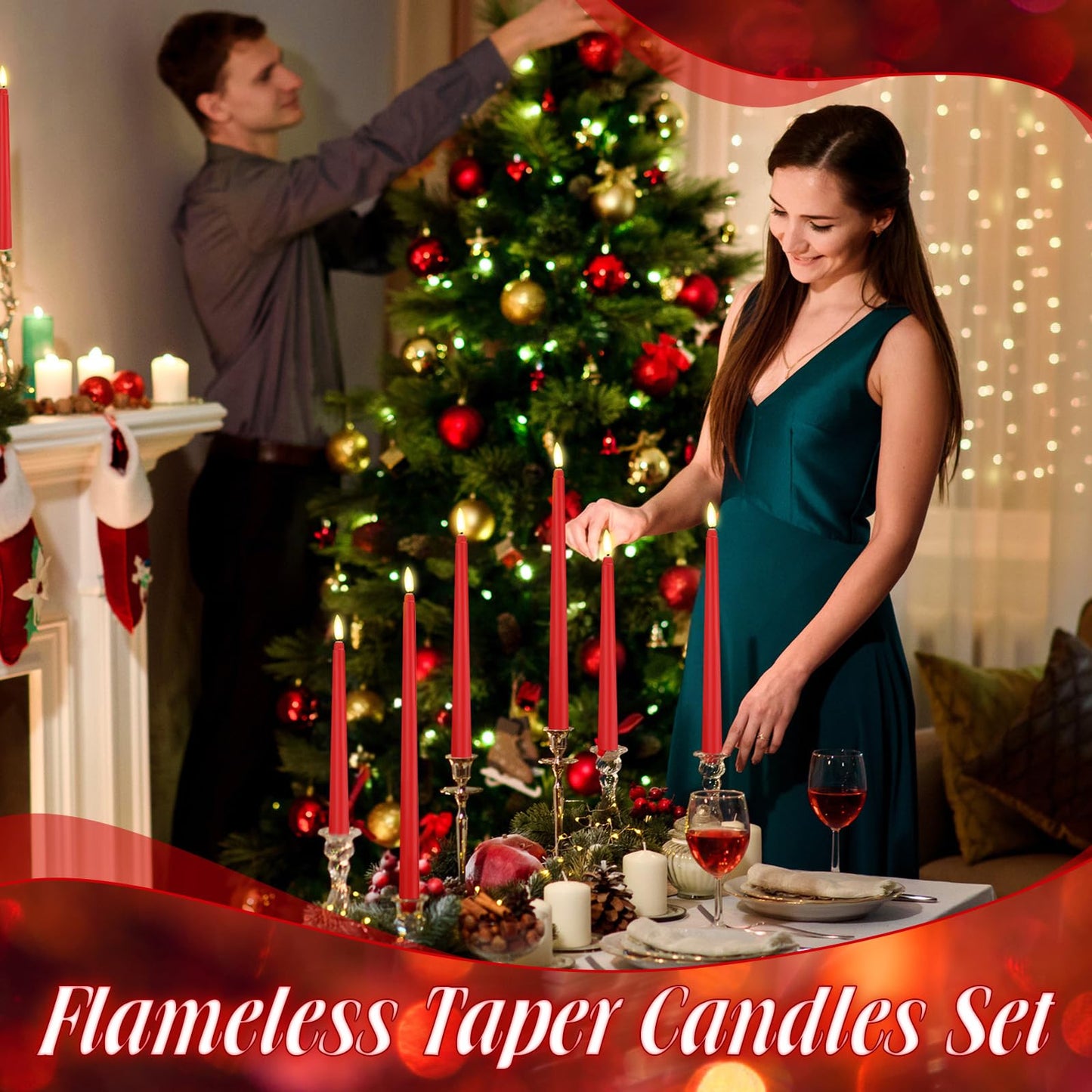 Rossesay 64 Pcs Wedding Flameless LED Taper Candles Battery Operated Candles 4 Sizes of 8.5'', 9.65'', 10.83'', 12.8'' Candlesticks Flickering for Halloween Christmas Church Wedding(Red)