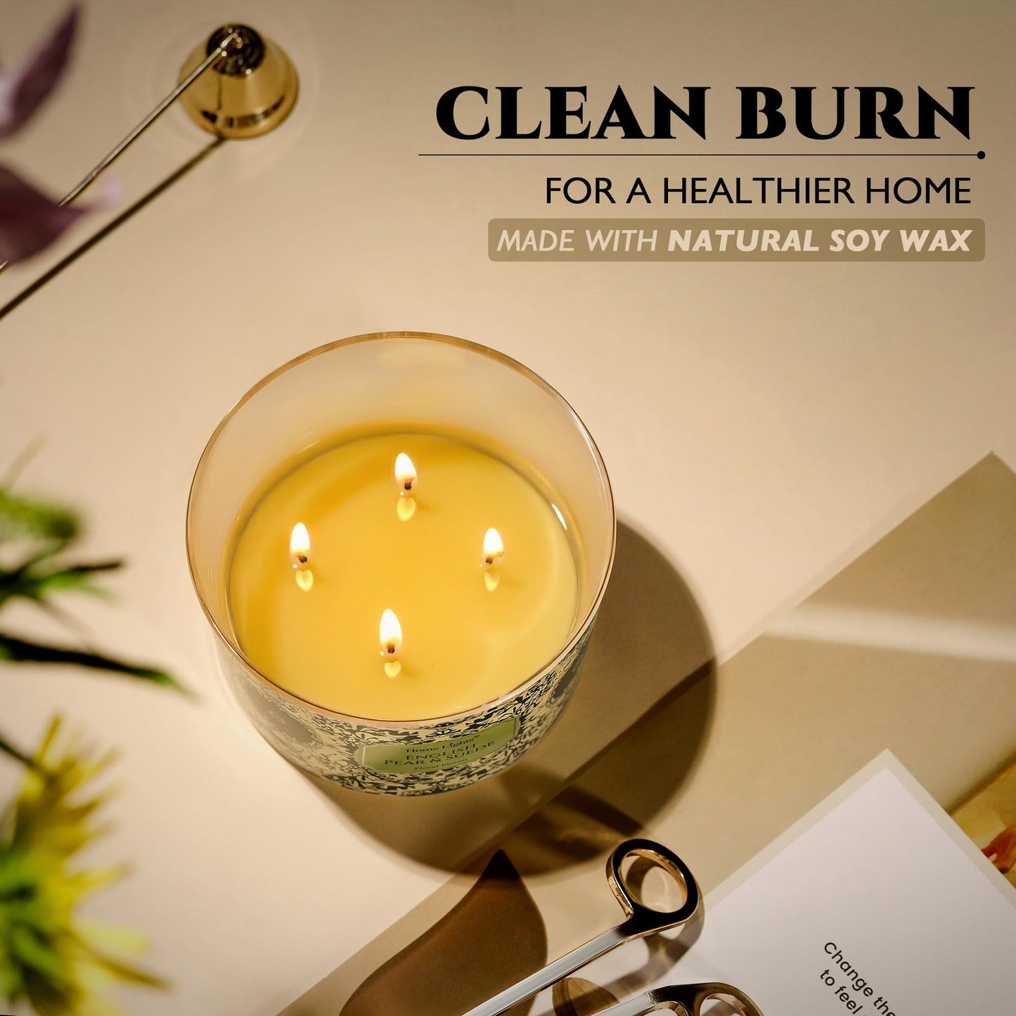 HomeLights Soy Wax Candles for Home Scented, 4-Wick Candles in English Pear & Suede Scented, Aromatherapy Candles Gift for Parties, Relaxing, Bohemian Natural Textures, 18oz