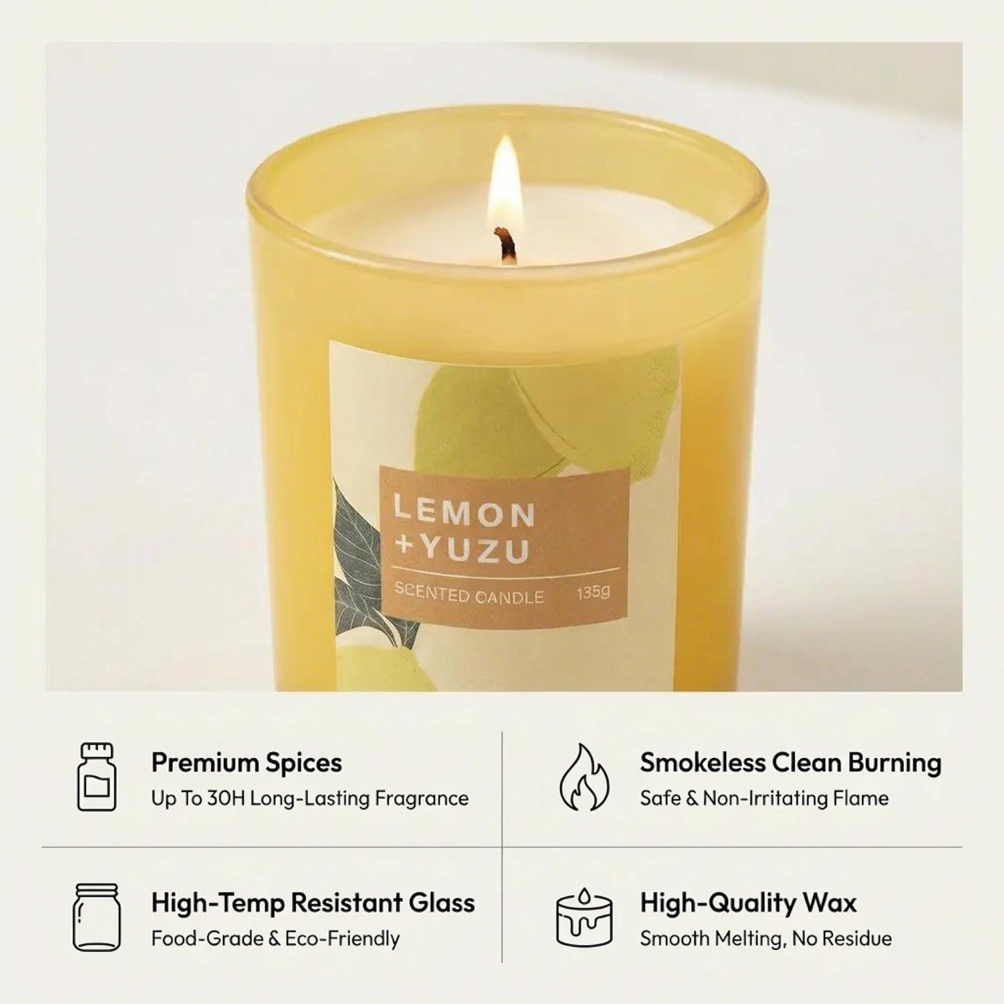 GroseMell Lemon Scented Candle – 4.76 oz (135g) Natural Soy Wax, 30-Hour Clean Burn, Elegant Glass Jar, Home Fragrance & Thoughtful Gift for Home (Lemon)