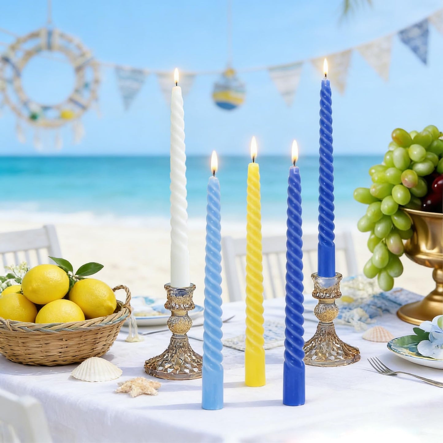Whaline 8Pcs Summer Amalfi Coast Party Spiral Taper Candles Dripless Twisted Wax Candles 10 Inch Long Unscented Candle Sticks for Dinner Party Wedding Hanukkah Chanukah Home Table Decor