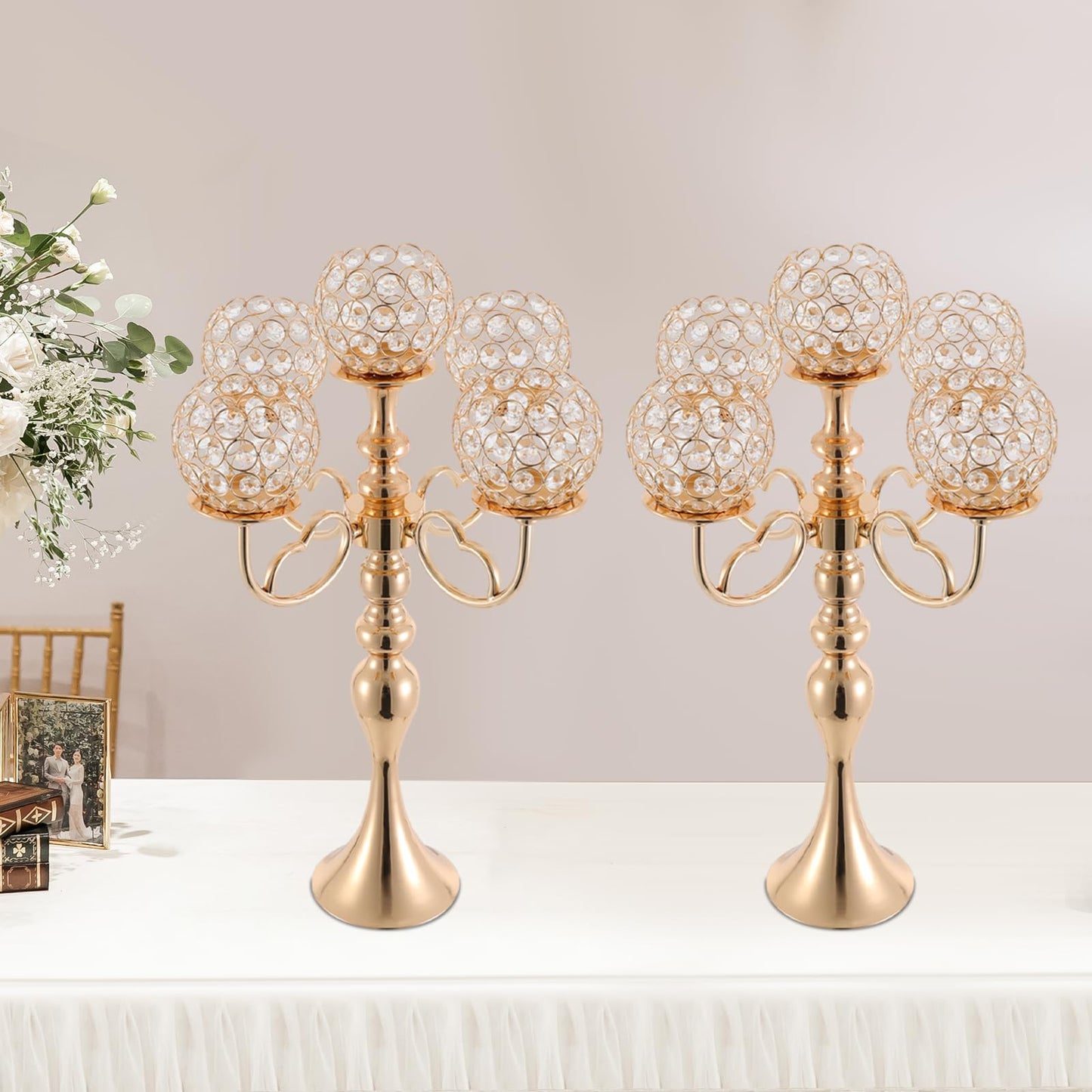 2Pcs 5 Arm Candelabra Candle Holder Luxury Gold Candlestick Holder Crystal Candelabra Centerpieces for Tables Elegant Candelabra Stand Holders for Home Wedding Party Anniversary Dining Room, Gold