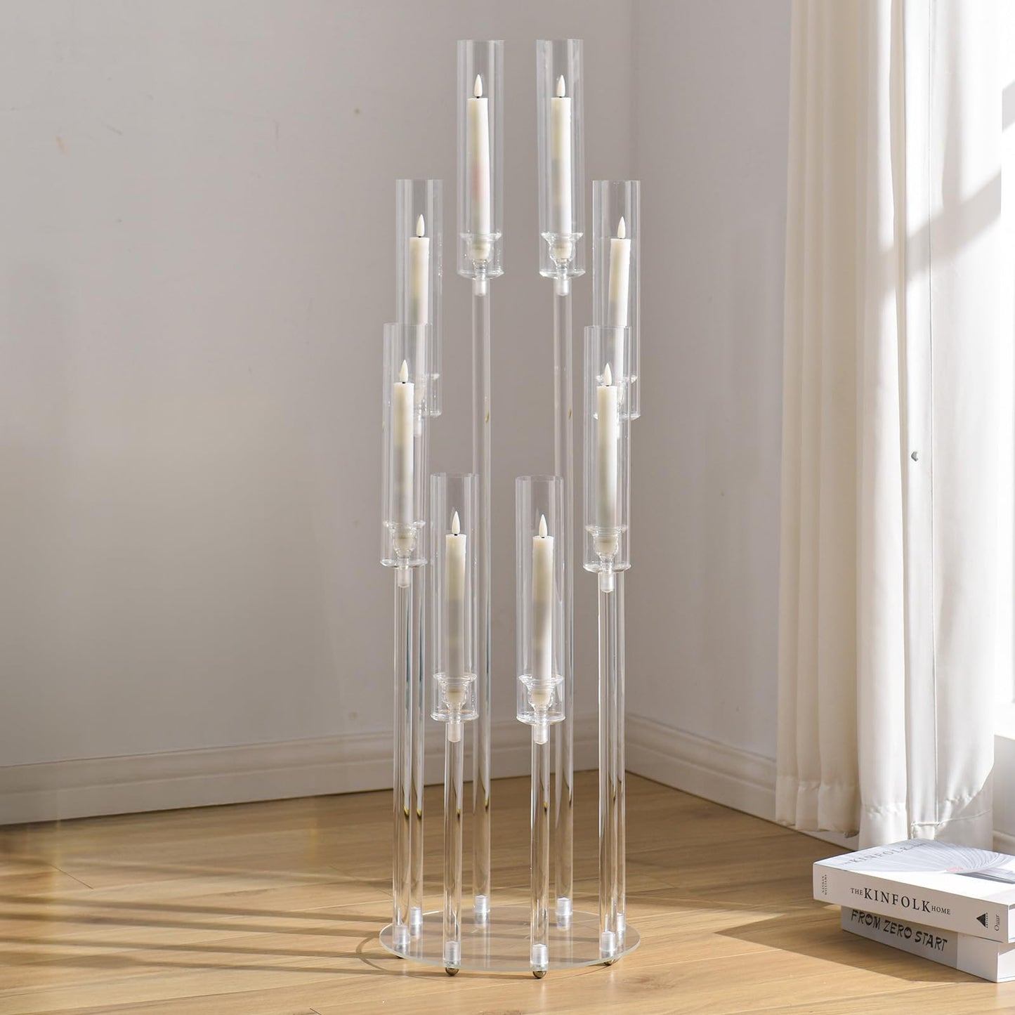 10PCS 8 Arm Acrylic Candelabra Candle Holder for Wedding,Tall Clear Candlestick Holders with Shade for Tables Party Grand Event Valentine's Day Dinner Decoration (Fit 0.8" Led Candles)