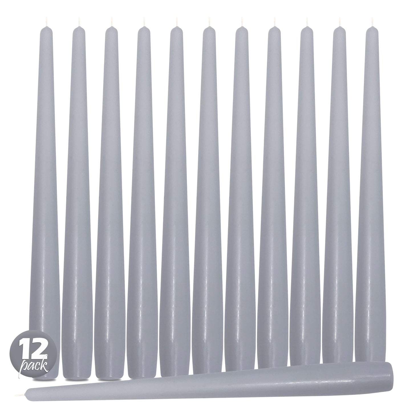 Hyoola Tall Taper Candles - 12 Inch Silver Grey Unscented Dripless Taper Candles - 10 Hour Burn Time - 12 Pack