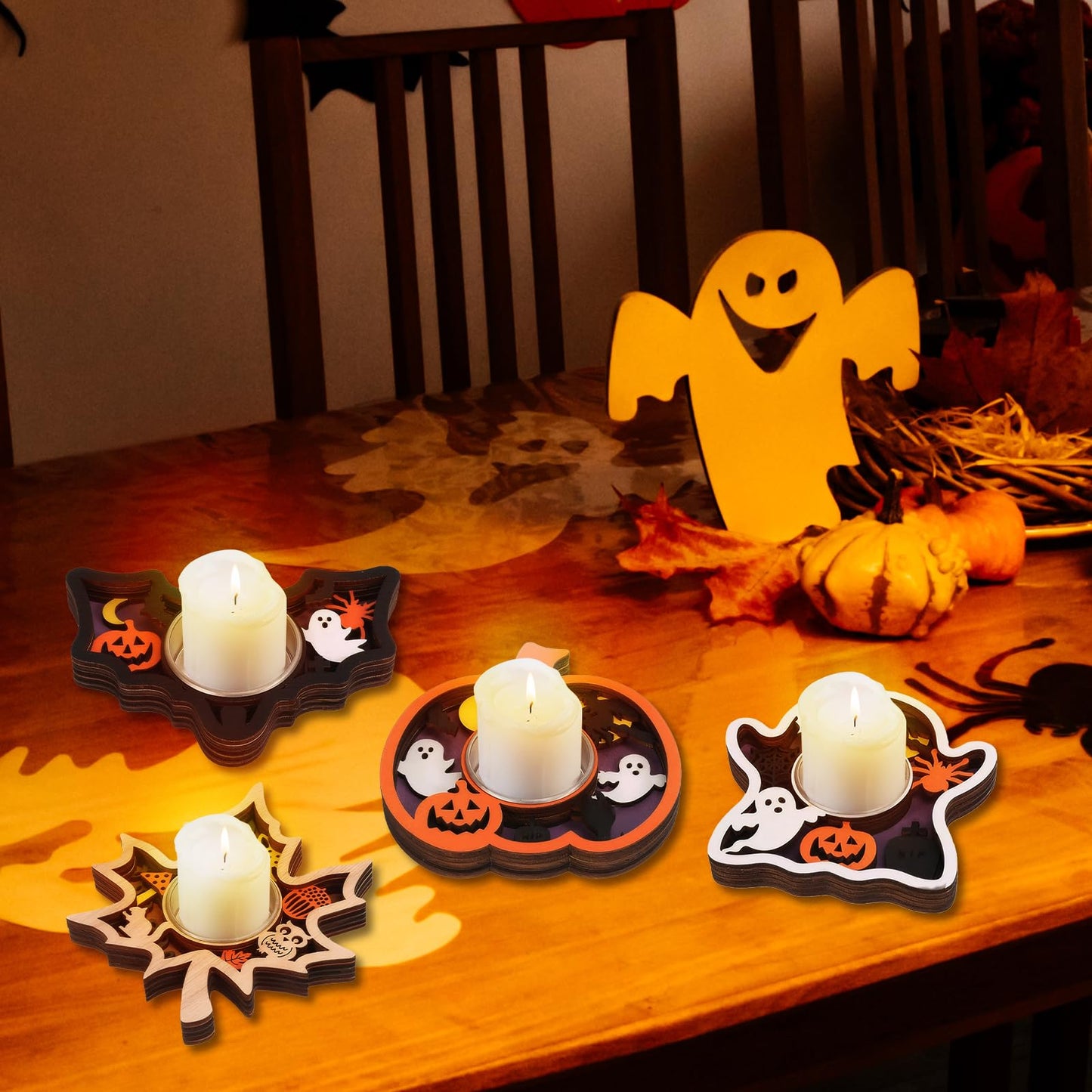 Halloween Tea Light Candle Holders 1PCS Wooden Ghost Tealight Holders with Metal Cups for Halloween Party, Table Centerpiece & Home Décor(White-Ghost)